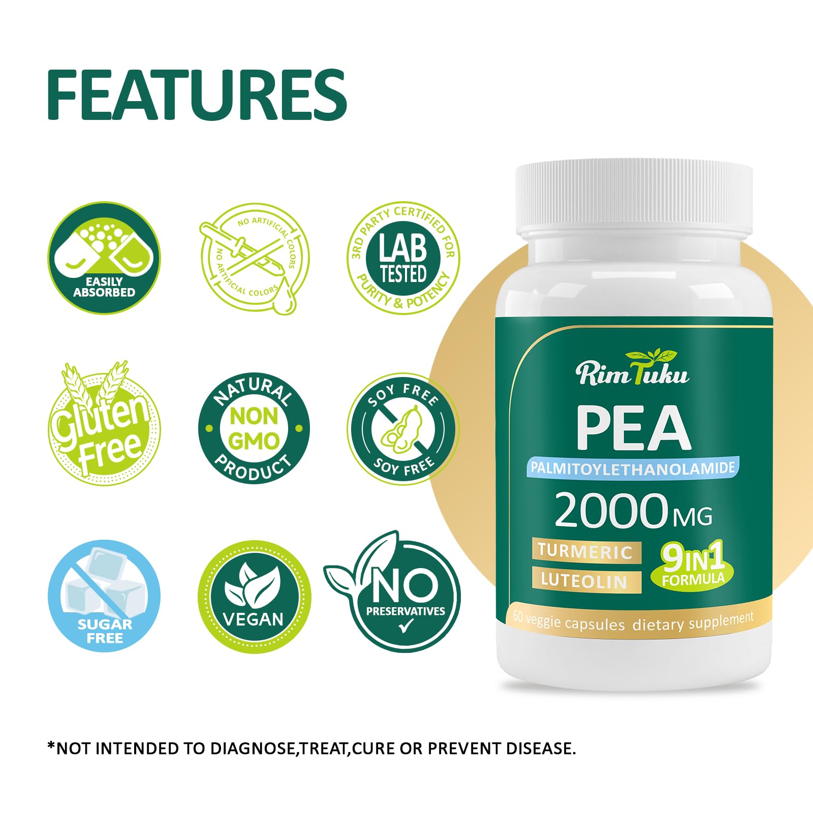 Liposomal Palmitoylethanolamide 2000MG + Luteolin 200MG + Turmeric 200MG & Fisetin 100MG, Micronized Pea 99% Highly Purified Enhanced Absorption Pea Supplement, 120 Capsules RimTuku buy supplements canada