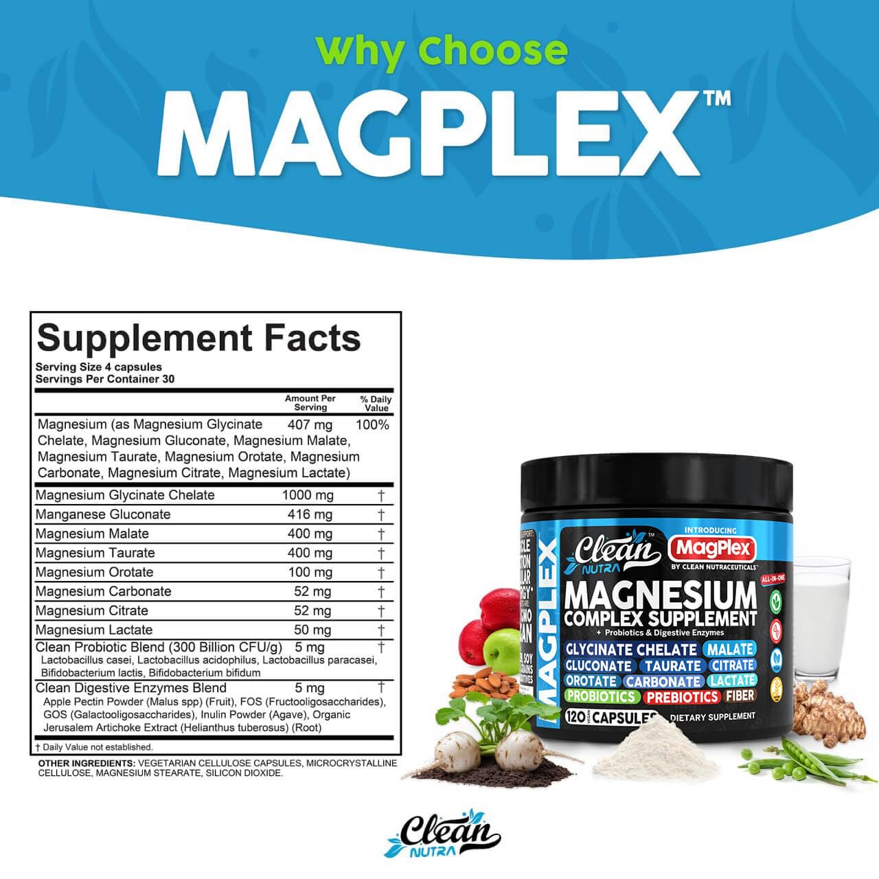 8in1 Magnesium Supplement Complex | Magnesium Glycinate Citrate Malate Gluconate Orotate Carbonate Lactate + Prebiotics Probiotics Digestive Enzymes Magnesio Clean Nutraceuticals buy supplements canada