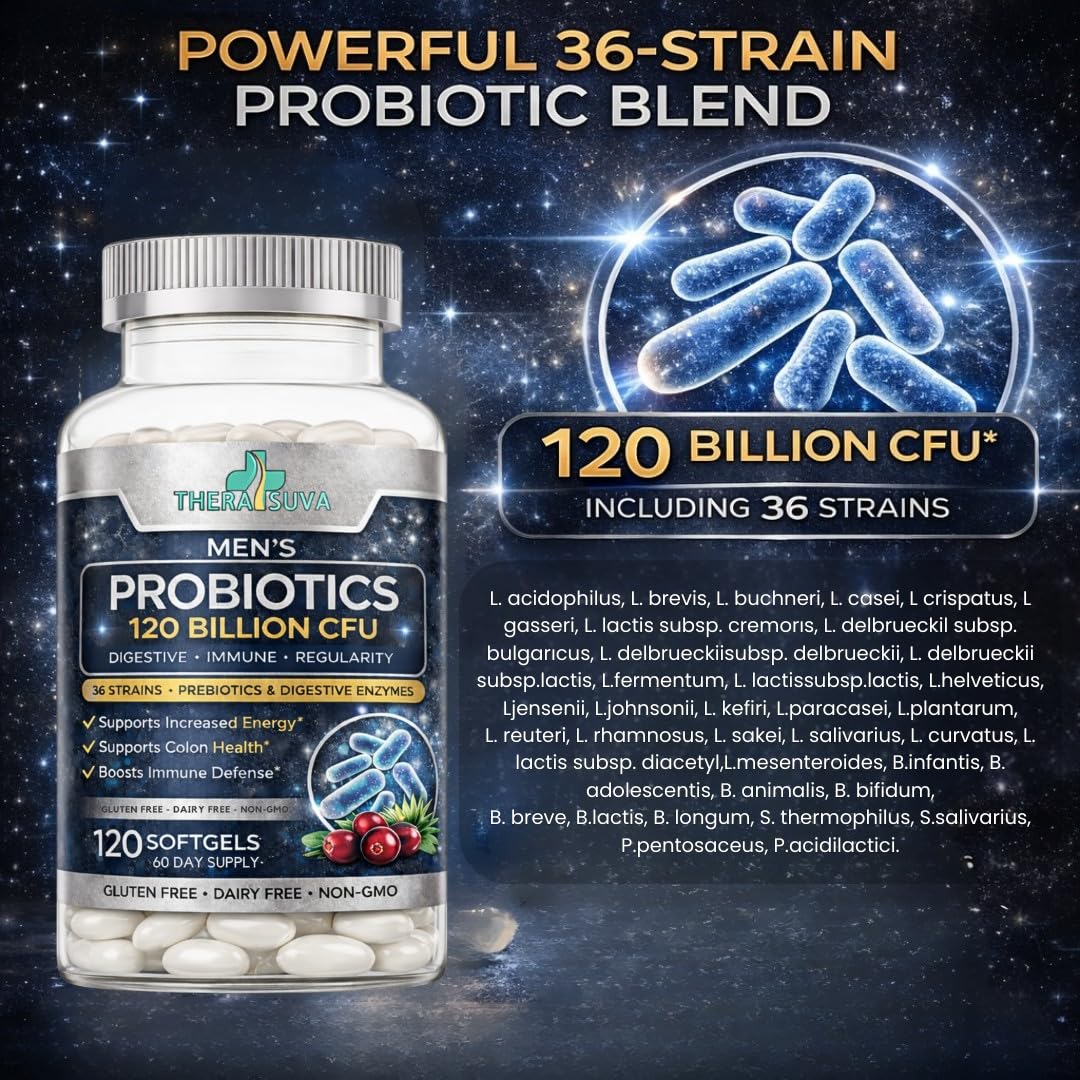 Men’s Advanced Probiotics 120 Billion CFU - 36 Strains + Prebiotics, Enzymes & Veggie Blend for Gut, Immune & Colon Health - 2 Month Supply, 120 Softgels TheraSuva buy supplements canada