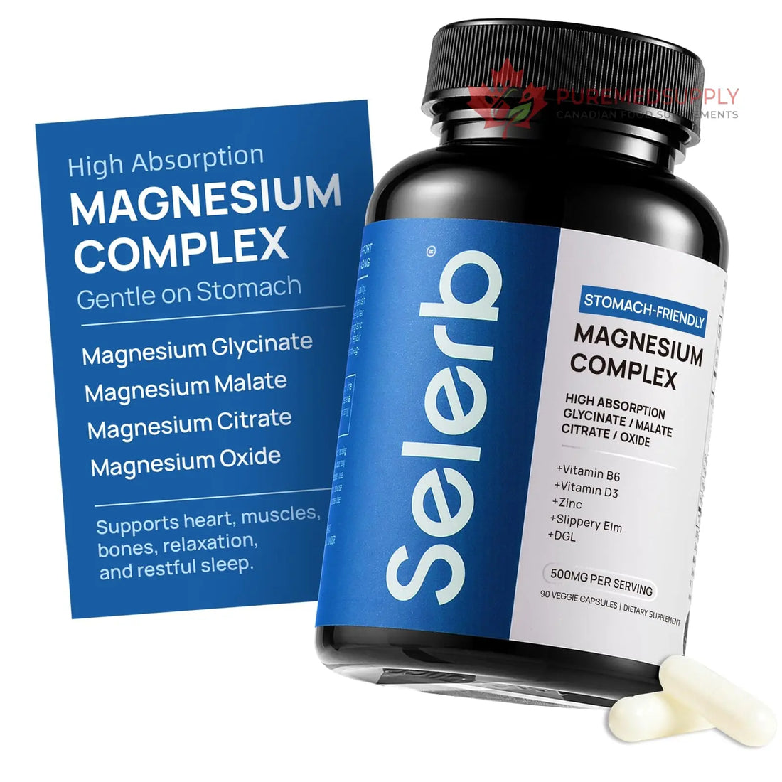 Selerb Magnesium Complex for Women and Men-Glycinate,Malate,Citrate,Oxide Supports Calm, Sleep, Muscle & Energy with D3, B6, Zinc, Slippery Elm & DGL Gentle on Stomach 90 Capsules Selerb buy supplements canada