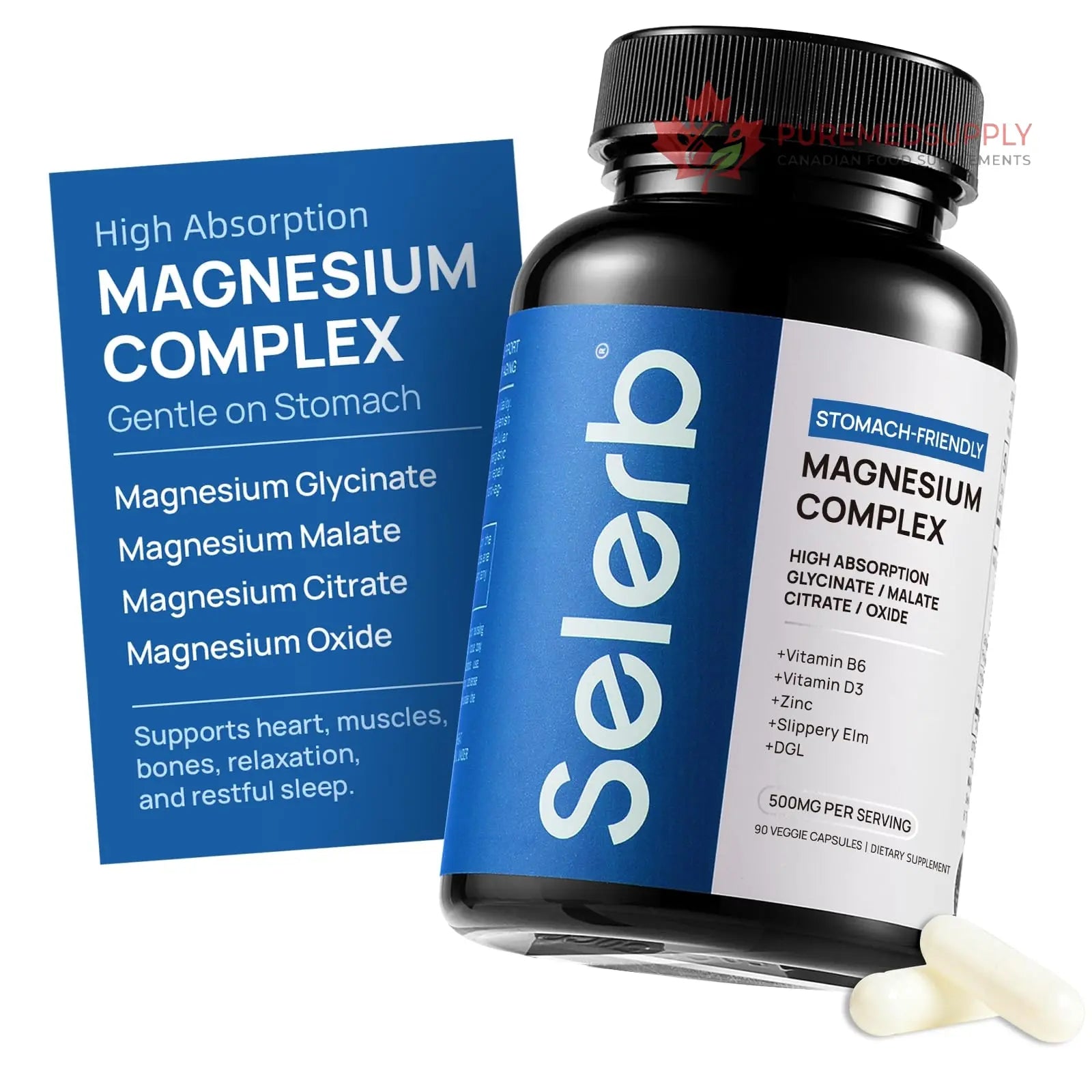 Selerb Magnesium Complex for Women and Men-Glycinate,Malate,Citrate,Oxide Supports Calm, Sleep, Muscle & Energy with D3, B6, Zinc, Slippery Elm & DGL Gentle on Stomach 90 Capsules Selerb buy supplements canada