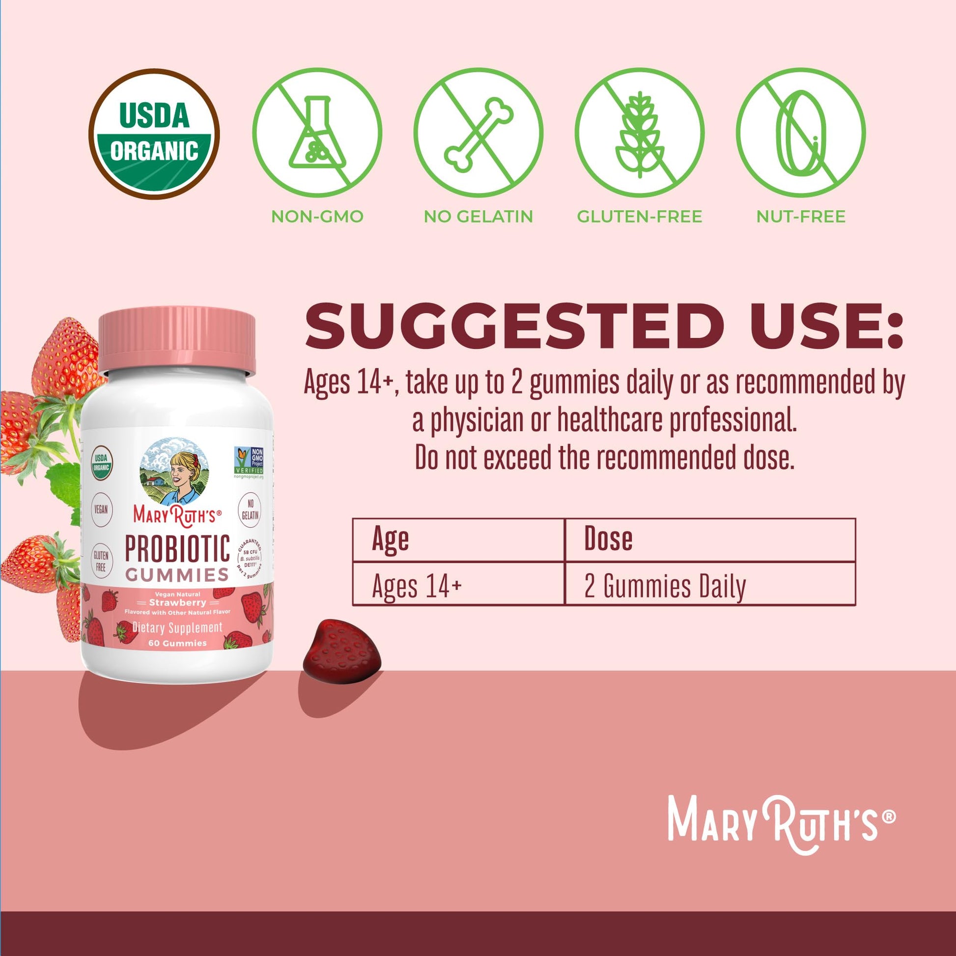 MaryRuth Organics USDA Organic Probiotic Gummies |Probiotics forWomen & Men Digestive Health & Gut Comfort Supplement 5 Billion CFU | Immune & Digestive Support | Vegan | Non-GMO | 60 Count MARYRUTH'S buy supplements canada