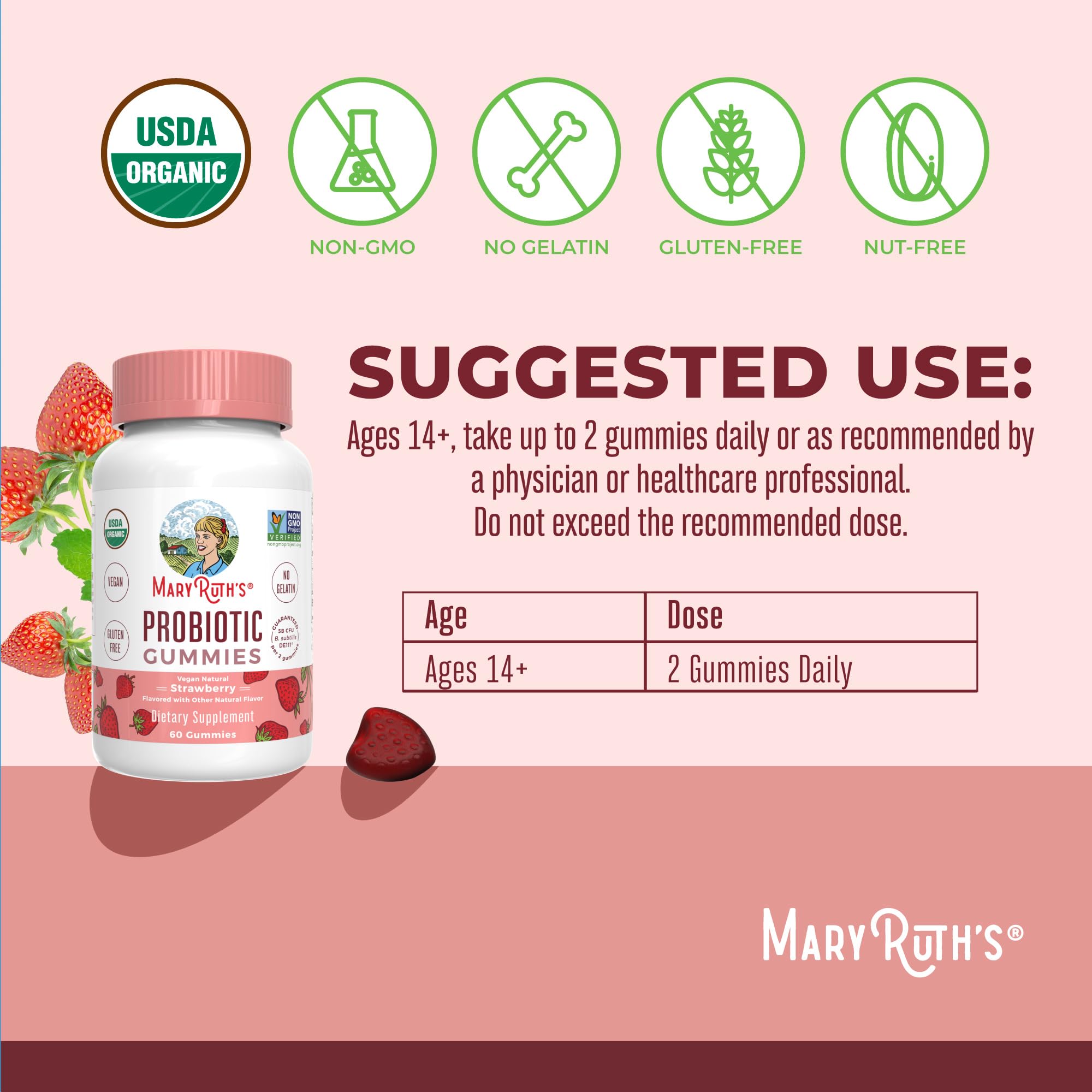 MaryRuth Organics USDA Organic Probiotic Gummies |Probiotics forWomen & Men Digestive Health & Gut Comfort Supplement 5 Billion CFU | Immune & Digestive Support | Vegan | Non-GMO | 60 Count MARYRUTH'S buy supplements canada
