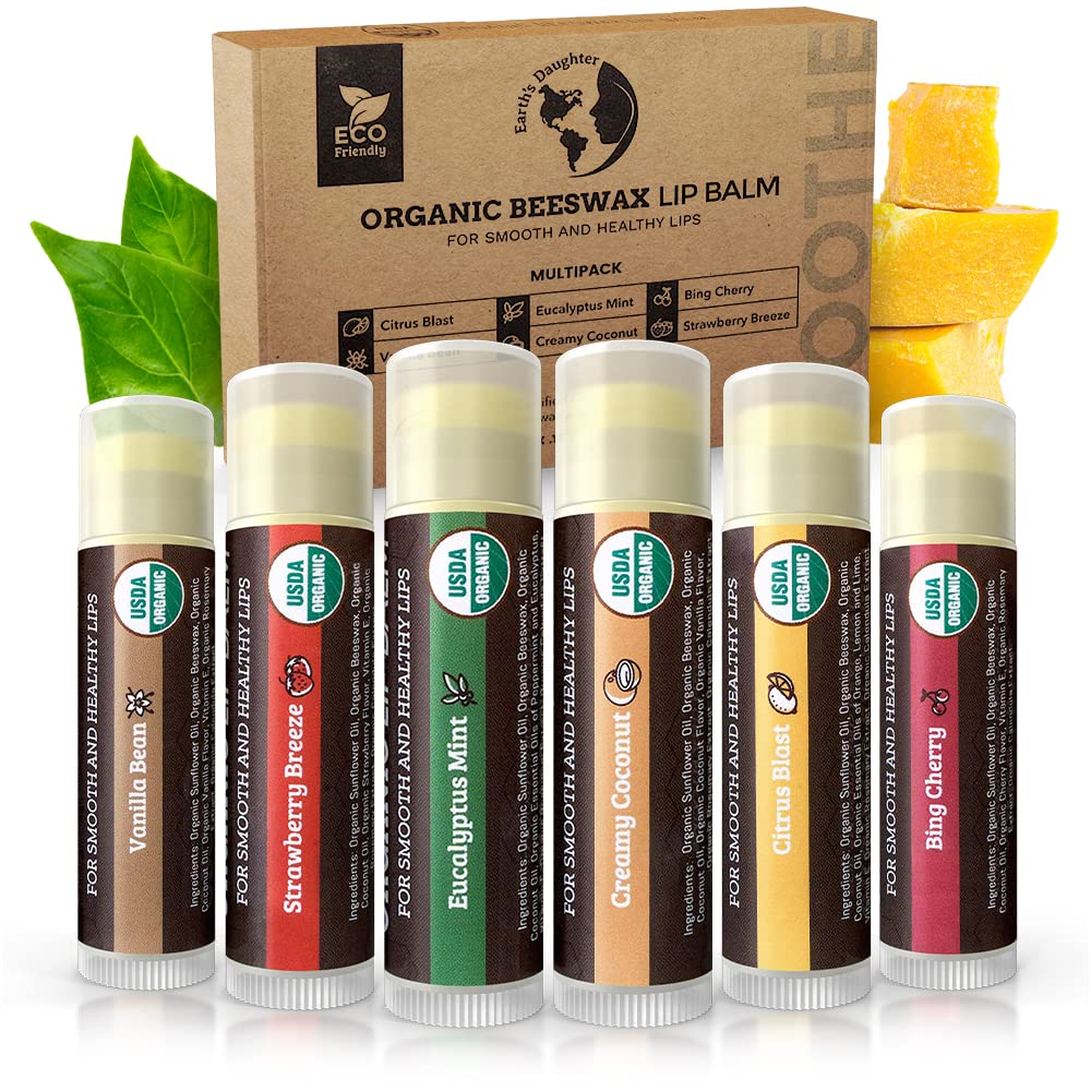 Earth's Daughter USDA Organic Lip Balm 6-Pack - Fruit Flavors, Beeswax, Coconut Oil, Vitamin E - Best Lip Repair Earth's Daughter buy supplements canada