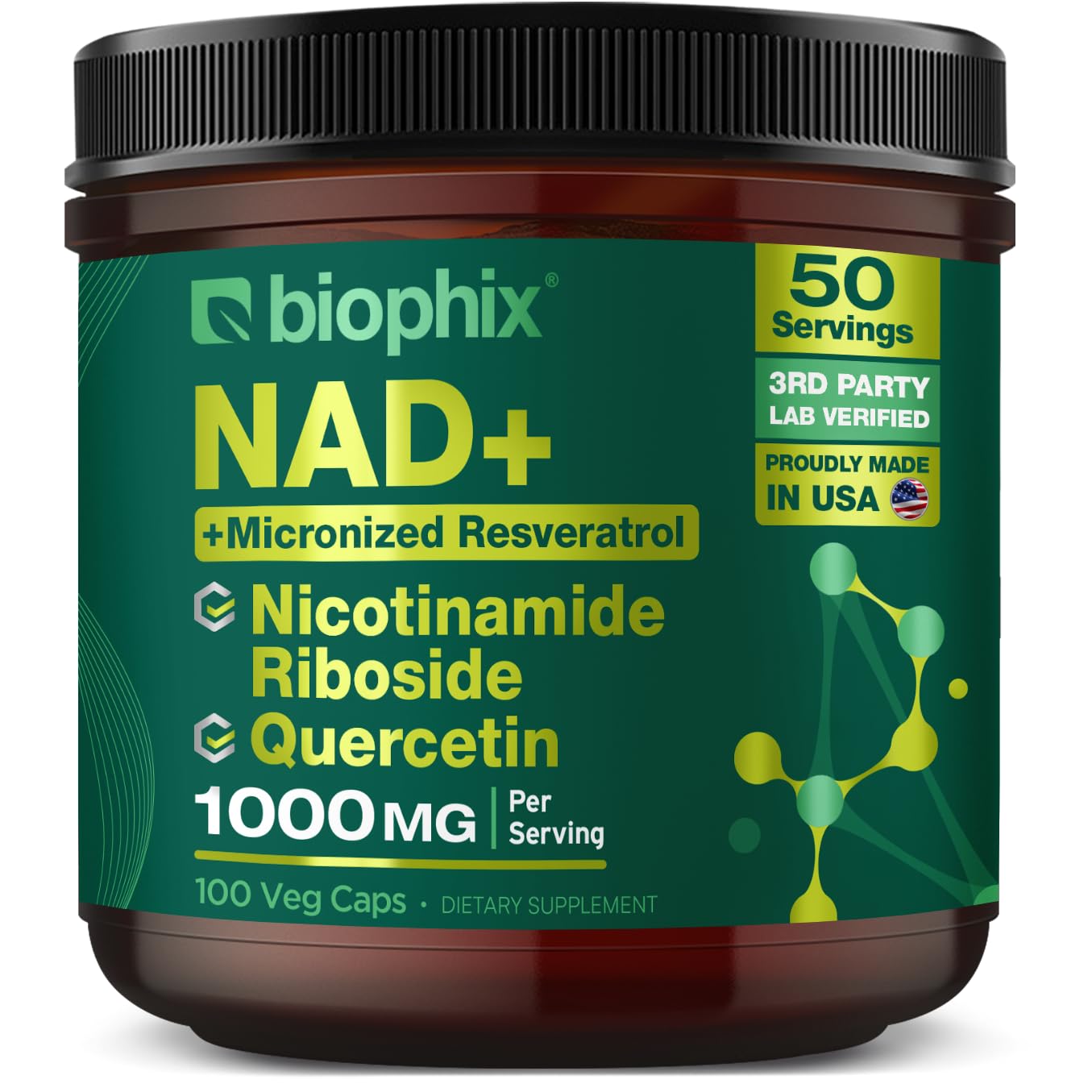 biophix NAD+ Liposomal Supplement for Women & Men - 1000 mg per Serving - Nicotinamide Riboside, Micronized Resveratrol & Quercetin Complex - 100 Veg Capsules - Non-GMO, Gluten-Free, cGMP Certified biophix buy supplements canada