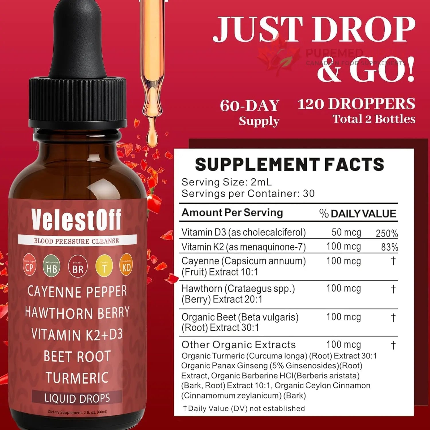 Velestoff Cayenne Pepper | Cayenne Heart & Circulation Blend – Botanical Extracts with Hawthorn, Beet Root, Turmeric, Vitamin K2 & D3 – Daily Wellness Drops (2 fl oz) (2) DFTLUUE buy supplements canada