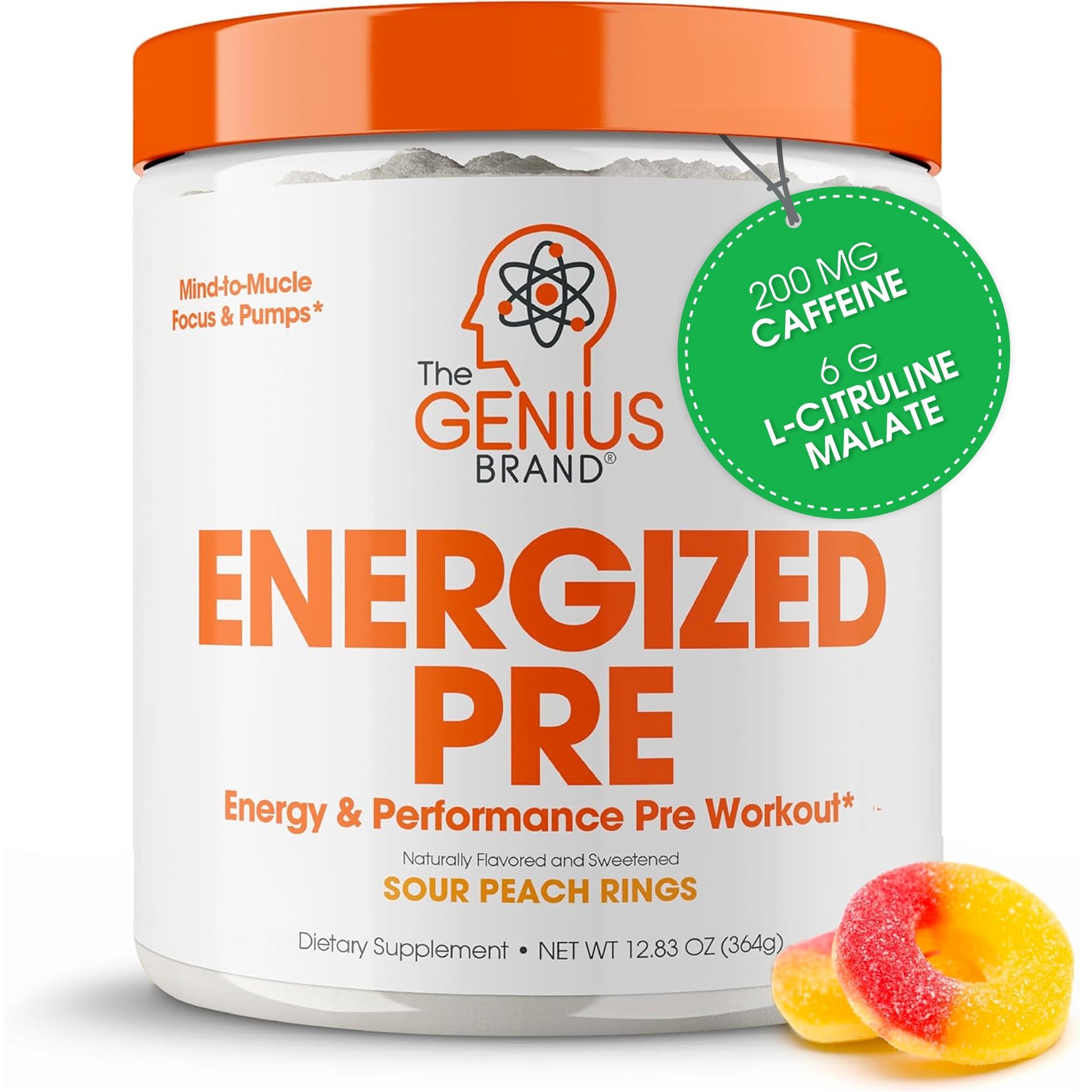 Genius Energized Pre Workout Powder – Caffeine Infused Pre-Workout Booster Supplement with Beta Alanine & Alpha GPC, No Artificial Sweeteners or Dyes - 200mg Caffeine, 20 Servings, Sour Peach Rings The Genius Brand buy supplements canada