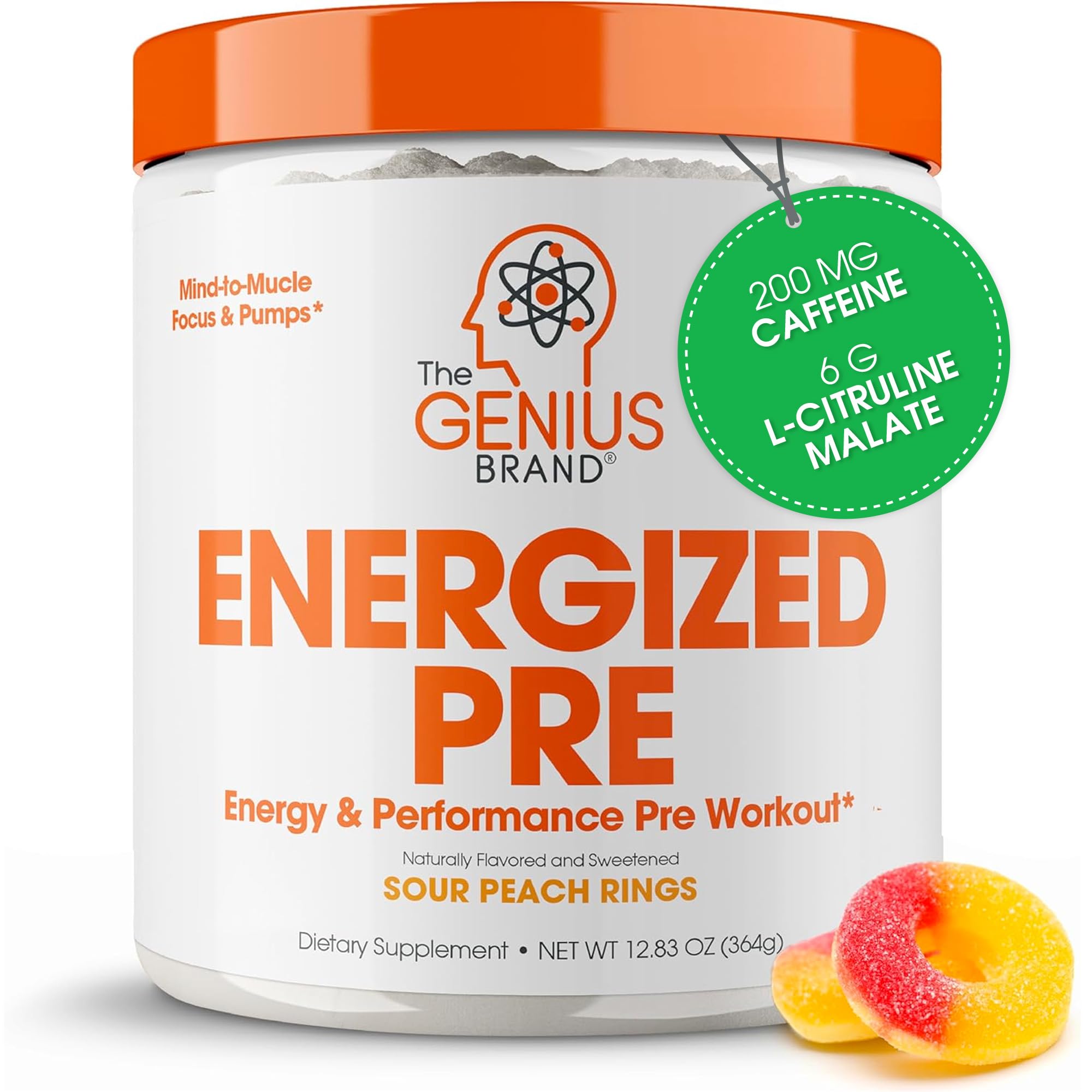 Genius Energized Pre Workout Powder – Caffeine Infused Pre-Workout Booster Supplement with Beta Alanine & Alpha GPC, No Artificial Sweeteners or Dyes - 200mg Caffeine, 20 Servings, Sour Peach Rings The Genius Brand buy supplements canada