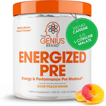 Genius Energized Pre Workout Powder – Caffeine Infused Pre-Workout Booster Supplement with Beta Alanine & Alpha GPC, No Artificial Sweeteners or Dyes - 200mg Caffeine, 20 Servings, Sour Peach Rings The Genius Brand buy supplements canada