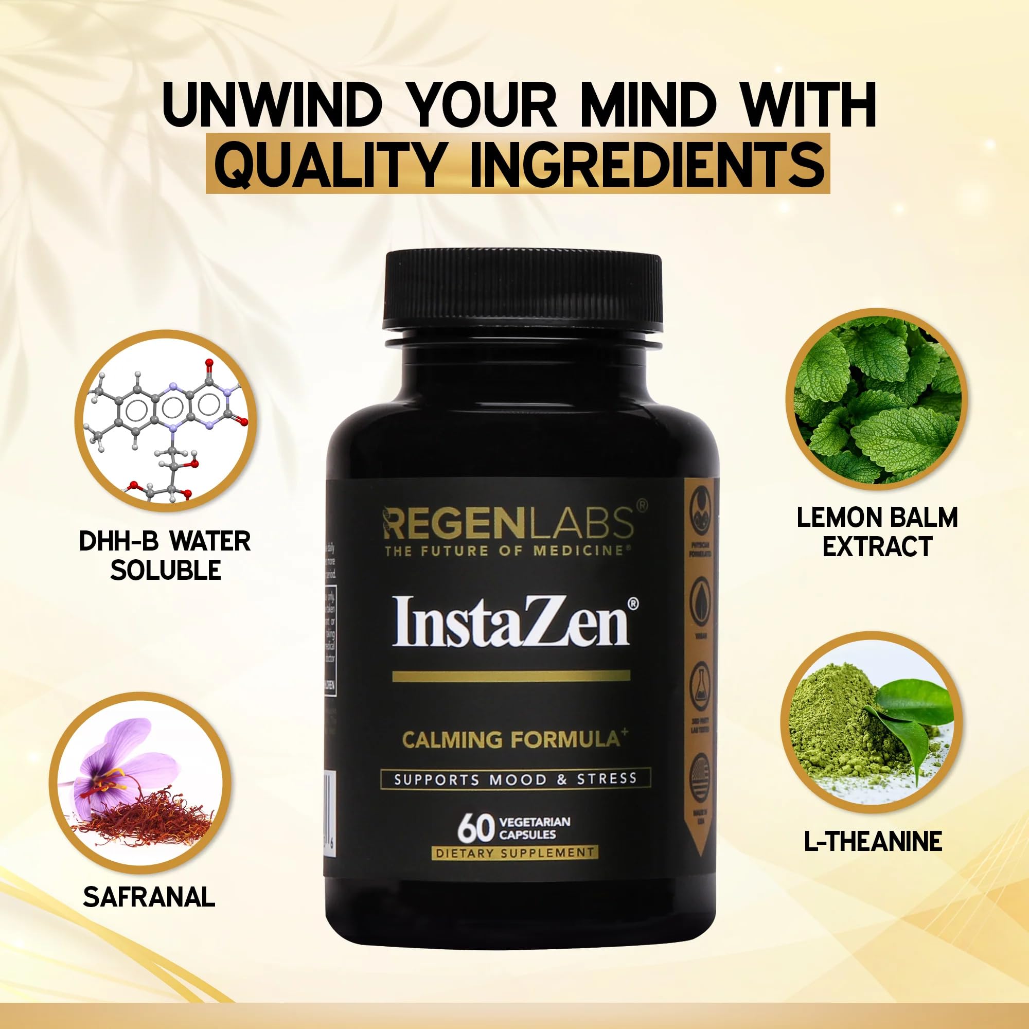 InstaZen Natural Stress Relief Supplement Mood Support | Doctor Formulated Herbal Calm Formula with DHHB, Safranal Extract, L-Theanine, Lemon Balm | Stress Support - 60 Capsules Regen Labs Regen Labs buy supplements canada