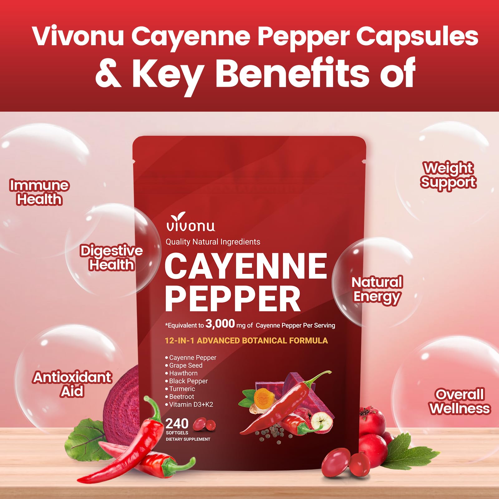 VivoNu Cayenne Pepper Softgels Supplement, Supports Leg Vein, Heart and Blood Vessel Health, with Vitamin E D3+K2 and Extracts of Grape Seed, Hawthorn VivoNu buy supplements canada