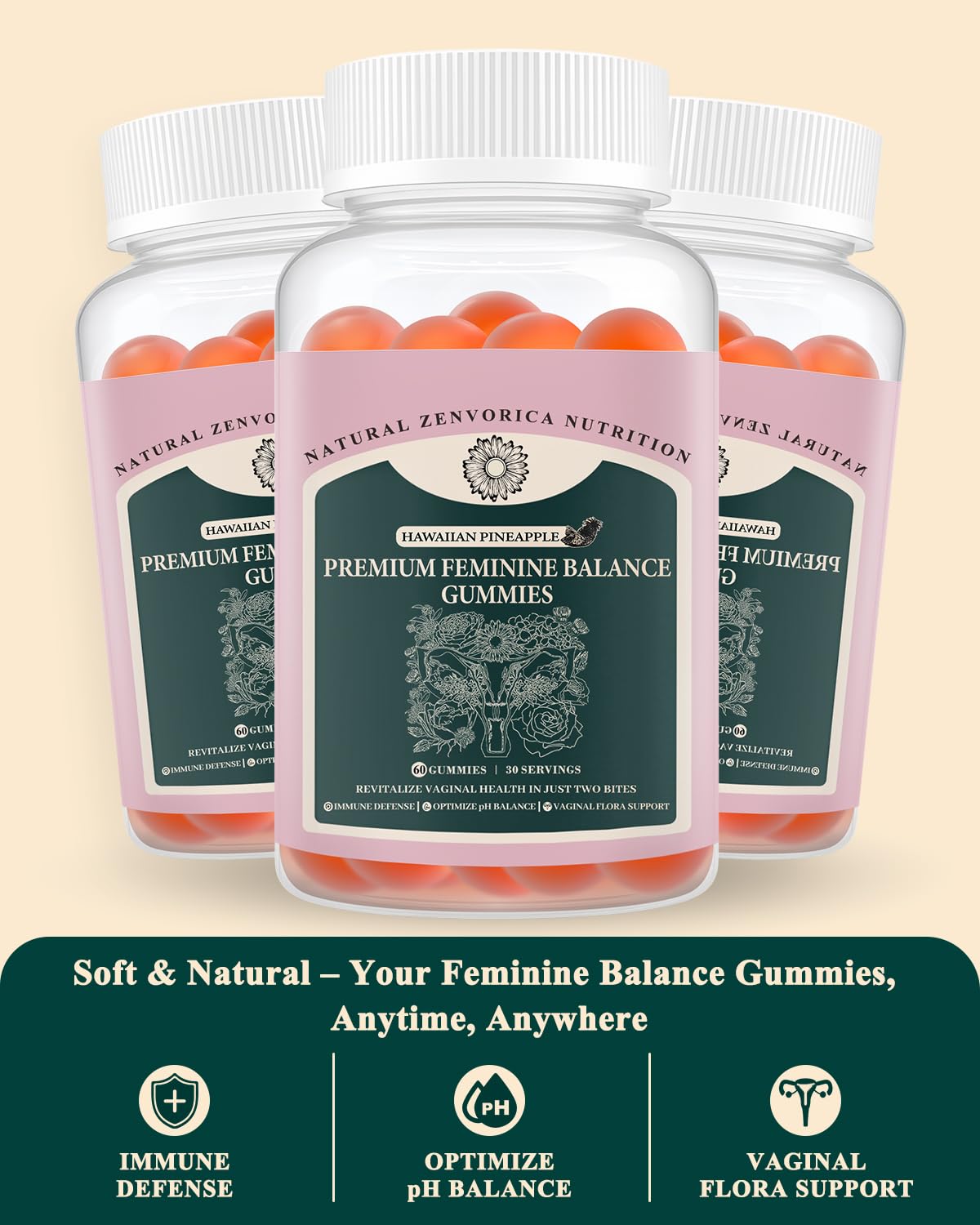 Zenvorica Premium Feminine Balance Gummies for Women - Hawaiian Pineapple pH Balance Probiotic Gummies for Odor and Flora Wellness, Immune Support, Vegan, 60 Count Zenvorica buy supplements canada