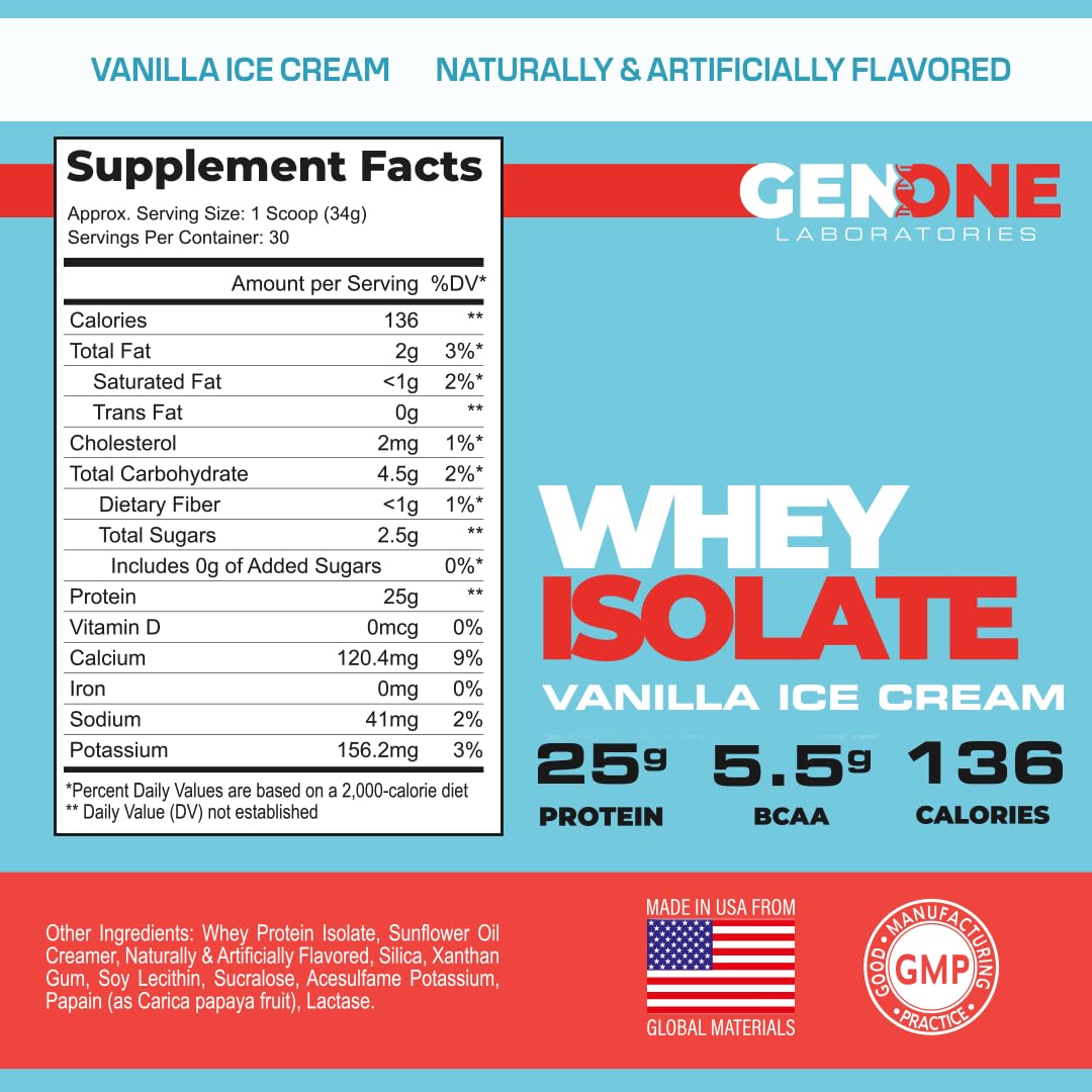 GenOne Whey Protein Powder Isolate, 25g Protein and 5.5g BCAAs per Serving, Vanilla Ice GENONE LABORATORIES buy supplements canada