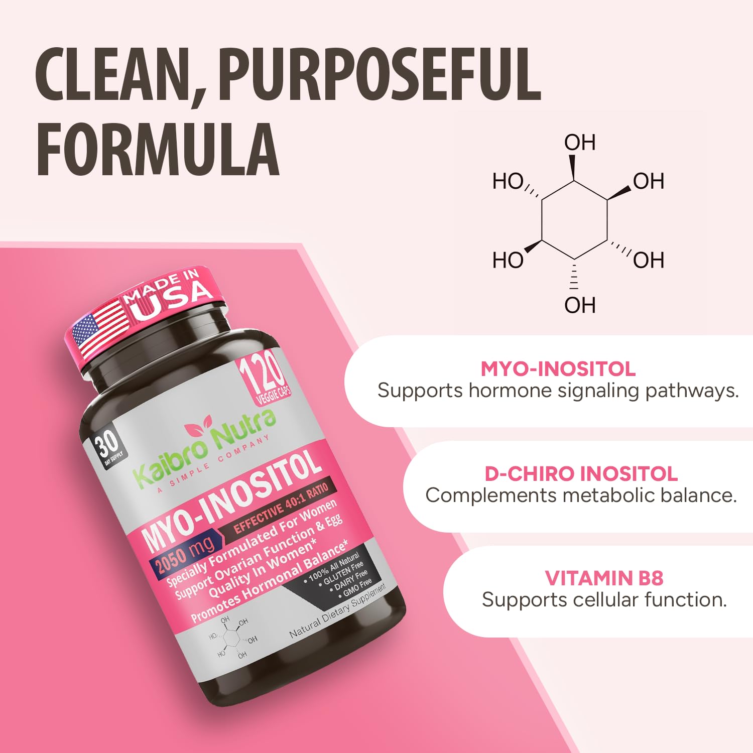 Kaibro Nutra Myo-Inositol Supplement, Myo-Inositol & D-Chiro Inositol 40:1 Ratio, Hormone Balance & Ovarian Support for Women with Vitamin B8, 2050mg, Vegan, Non-GMO Capsules 120 Count Kaibro Nutra buy supplements canada