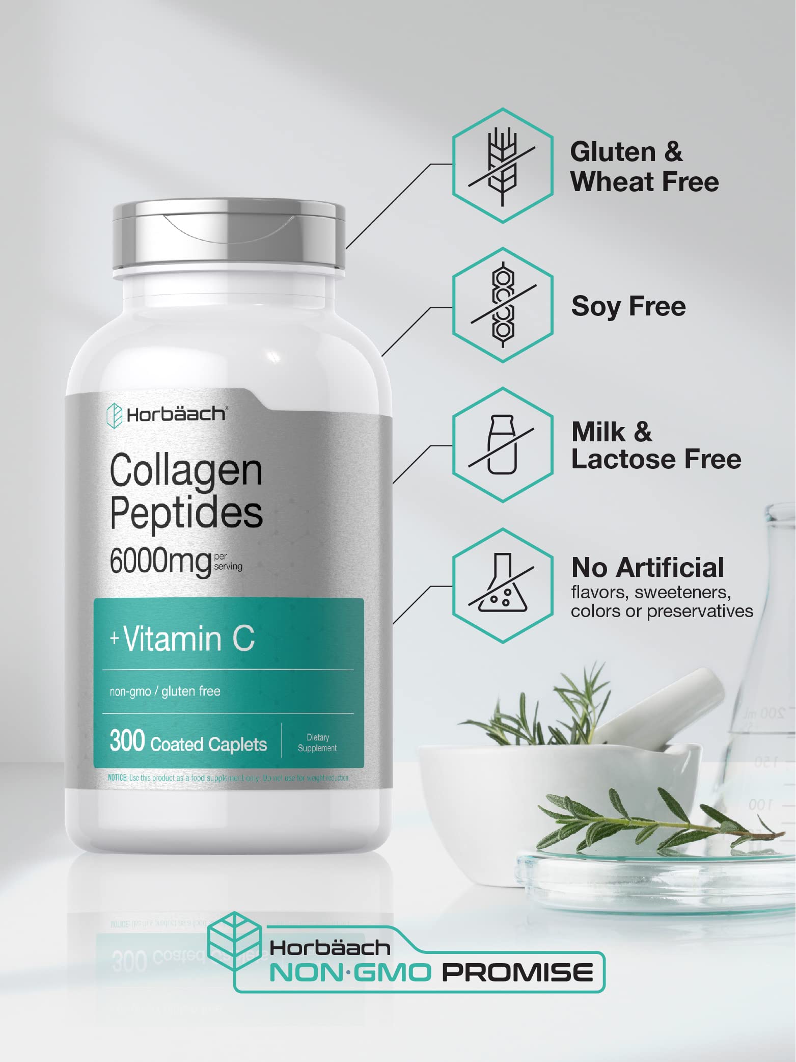 Horbäach Collagen Peptides 6000mg | 300 Caplet Pills | with Vitamin C | Hydrolyzed Collagen Supplement | Non-GMO, Gluten Free Horbäach buy supplements canada
