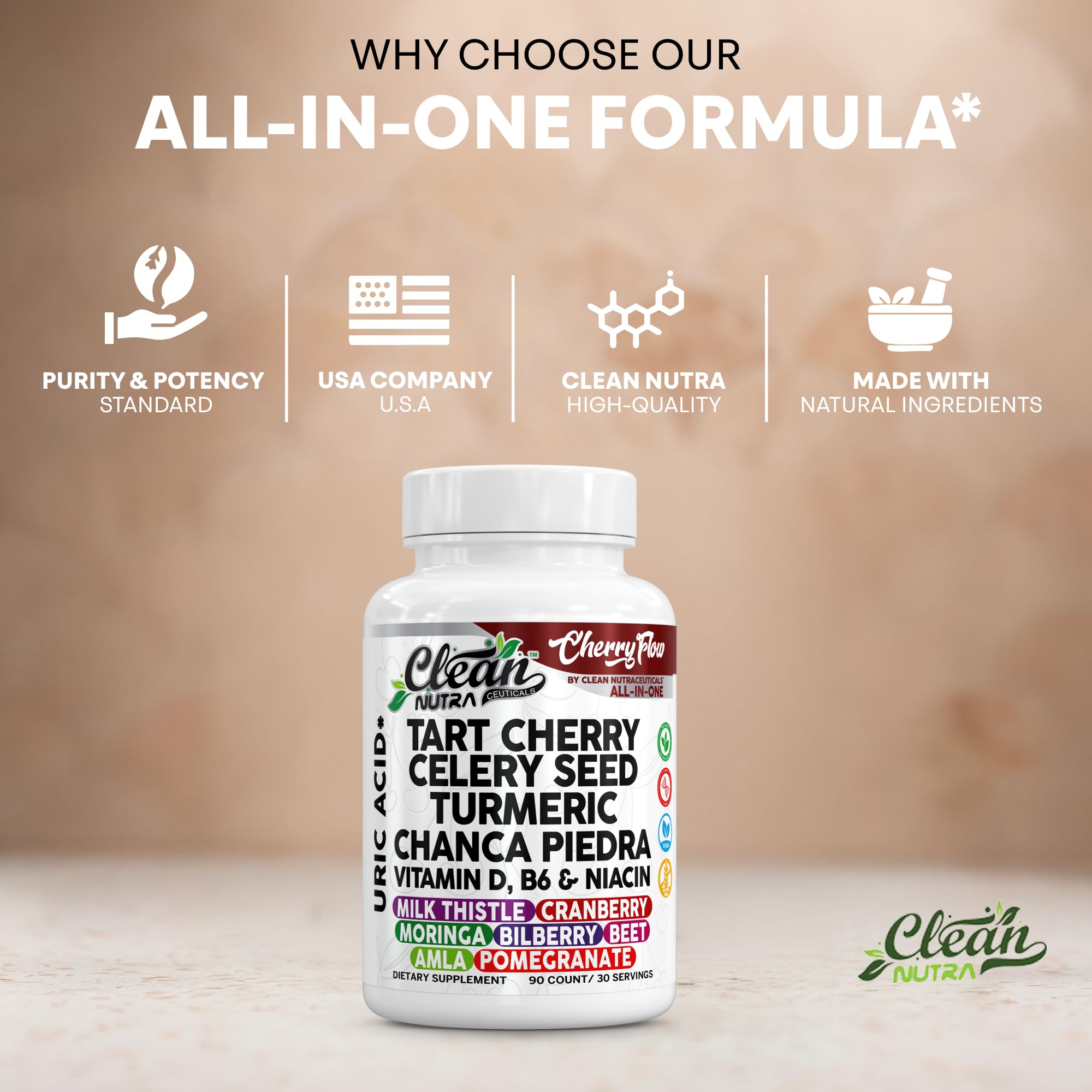 Cherry Flow Tart Cherry Capsules Uric Acid Support Celery Seed Turmeric Chanca Piedra Vitamin D Vitamin B6 Niacin Milk Thistle Moringa Extract Pomegranate Beets 90 Count By Clean Nutra Clean Nutraceuticals buy supplements canada