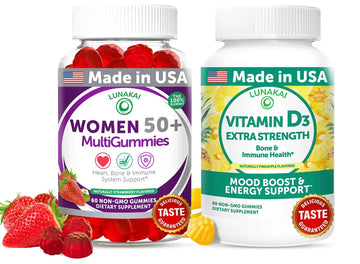 Lunakai USA Made Women’s 50+ Multivitamin & Vitamin D3 Gummies Bundle, Supports Bone, Heart, Immune & Energy Health, Non-GMO, Gluten-Free, Delicious Strawberry & Pineapple Flavors, 60ct Each Lunakai buy supplements canada