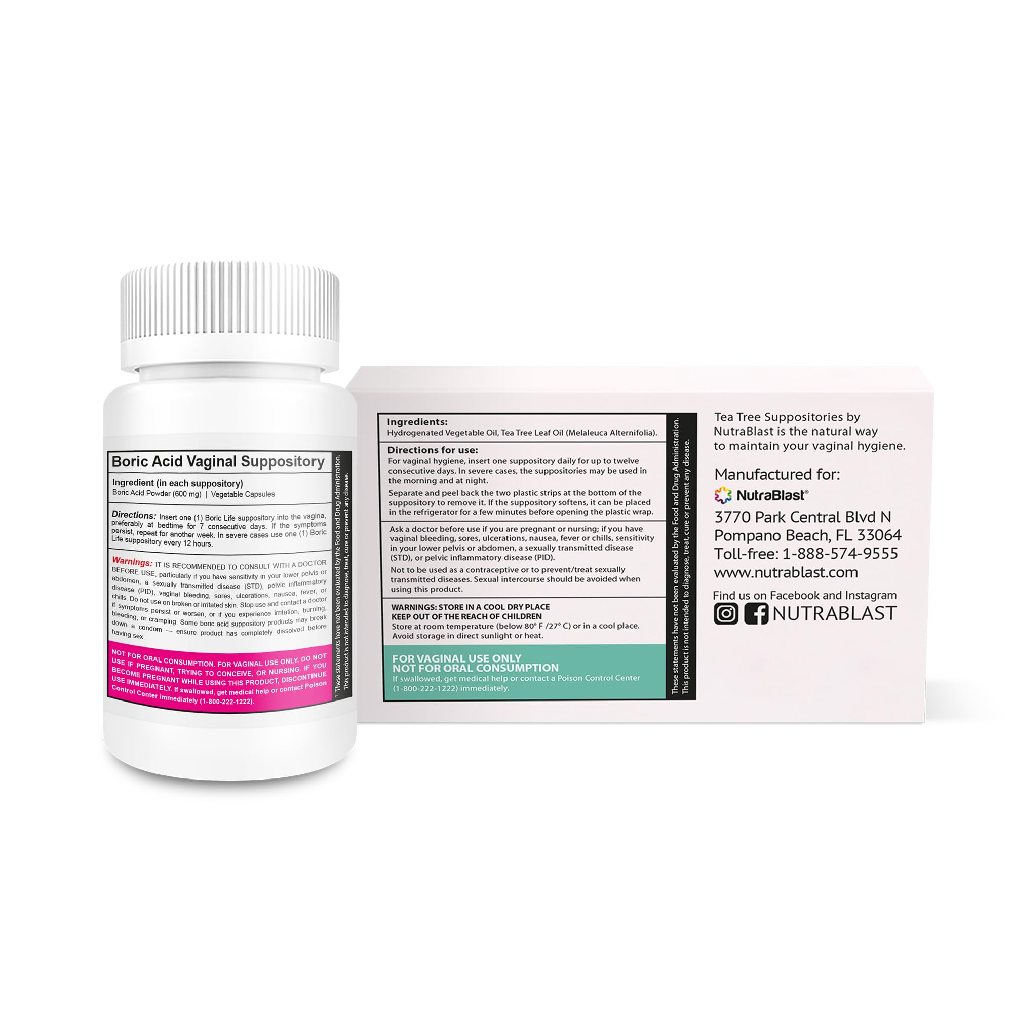 NutraBlast Boric Acid Suppositories 600mg (30 Count) Bundle with Tea Tree Oil Suppositories (12 Count) | All Natural Intimate Deodorant for Women | Restore Feminine pH Balance NutraBlast buy supplements canada