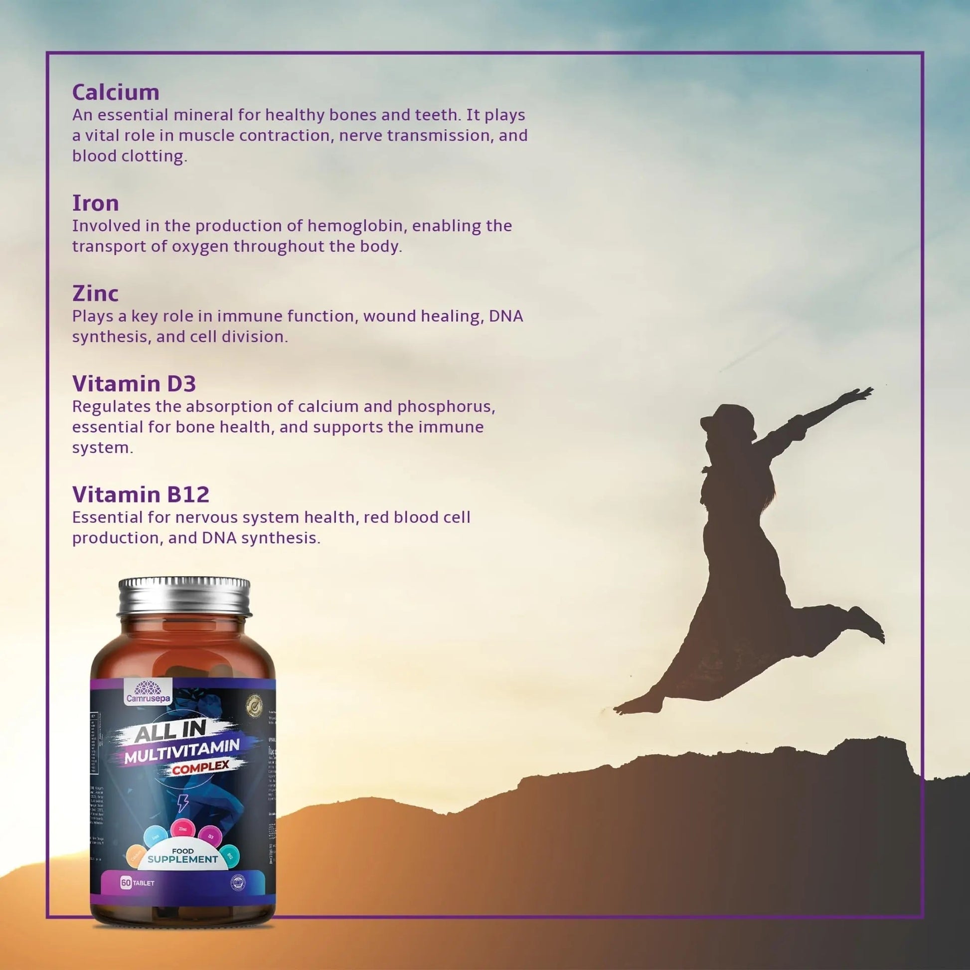 CAMRUSEPA All in Multivitamin Complex – Daily Tablet with Calcium, Iron, Zinc, Vitamin C, B Complex, D3, E, A & More – Complete Daily Nutritional Support for Adults Camrusepa buy supplements canada