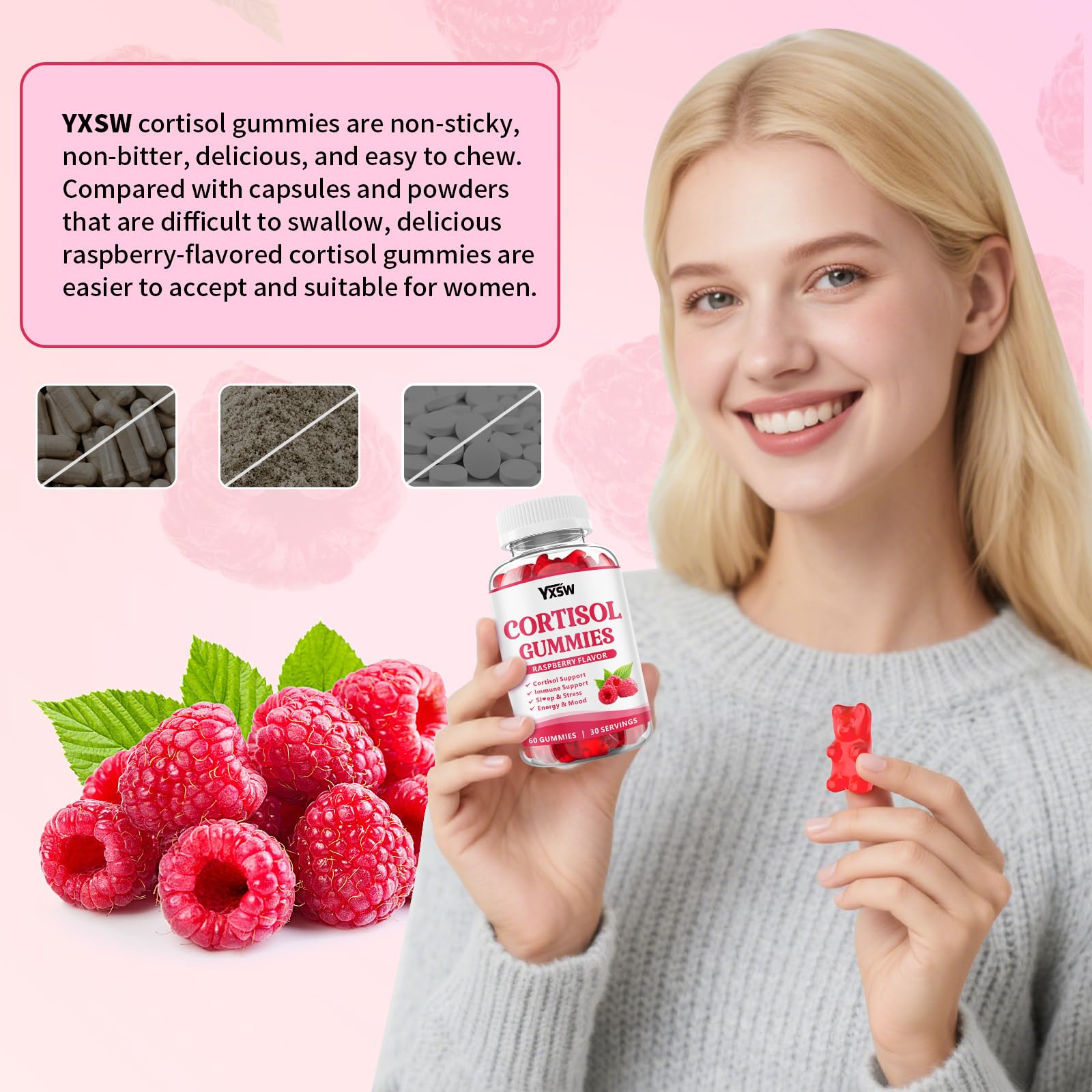YXSW Cortisol Supplements Gummies for Women Sugar-Free Cortisol Gummies with Magnesium Glycinate Ashwagandha Rhodiola Rose for Relaxation, Focus, Zzz Support, Raspberry Flavor, 60 Count YXSW buy supplements canada