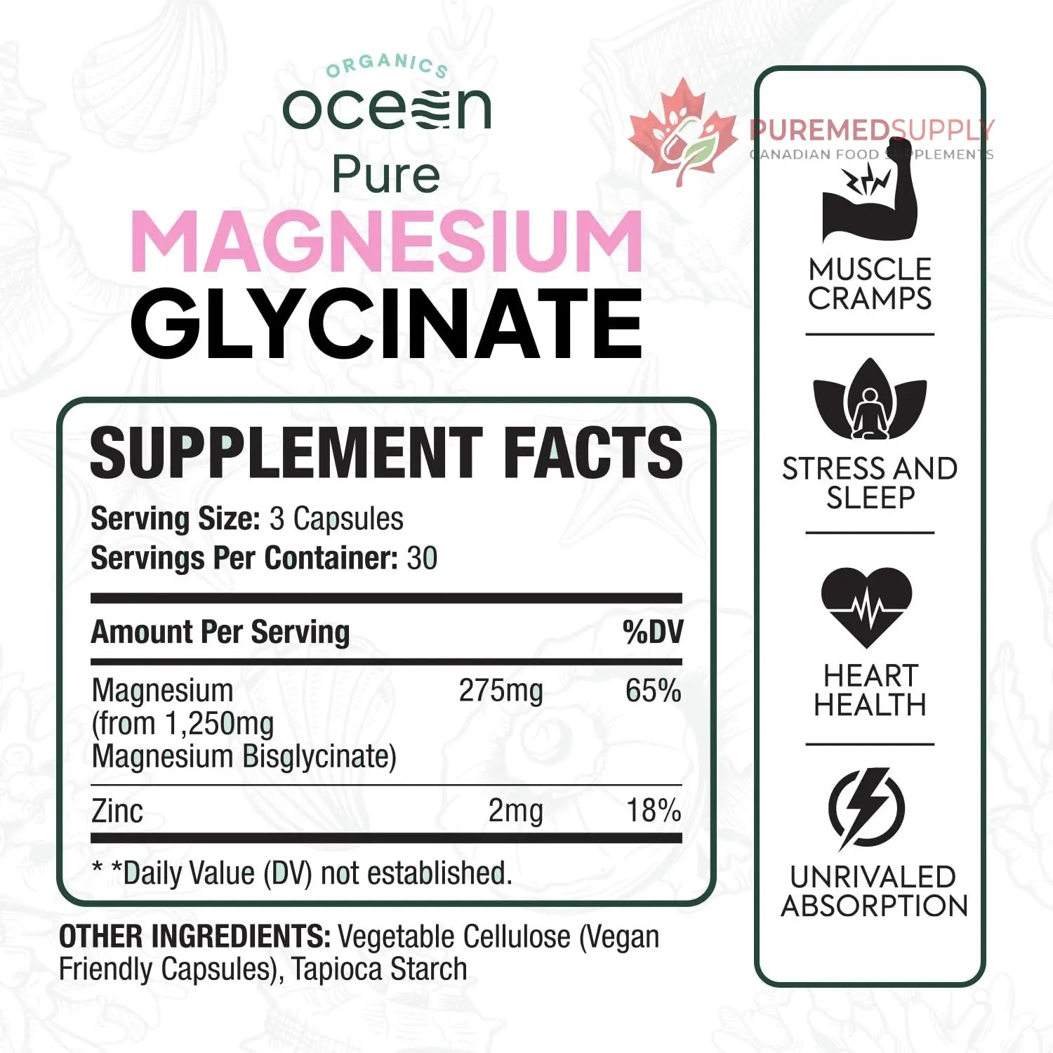 Organics Ocean Pure Magnesium Glycinate with Zinc - Maximum Strength Chelated Magnesium Supplement for Women and Men for Muscle Cramps and Sleep Support - 90 Capsule Organics Ocean buy supplements canada