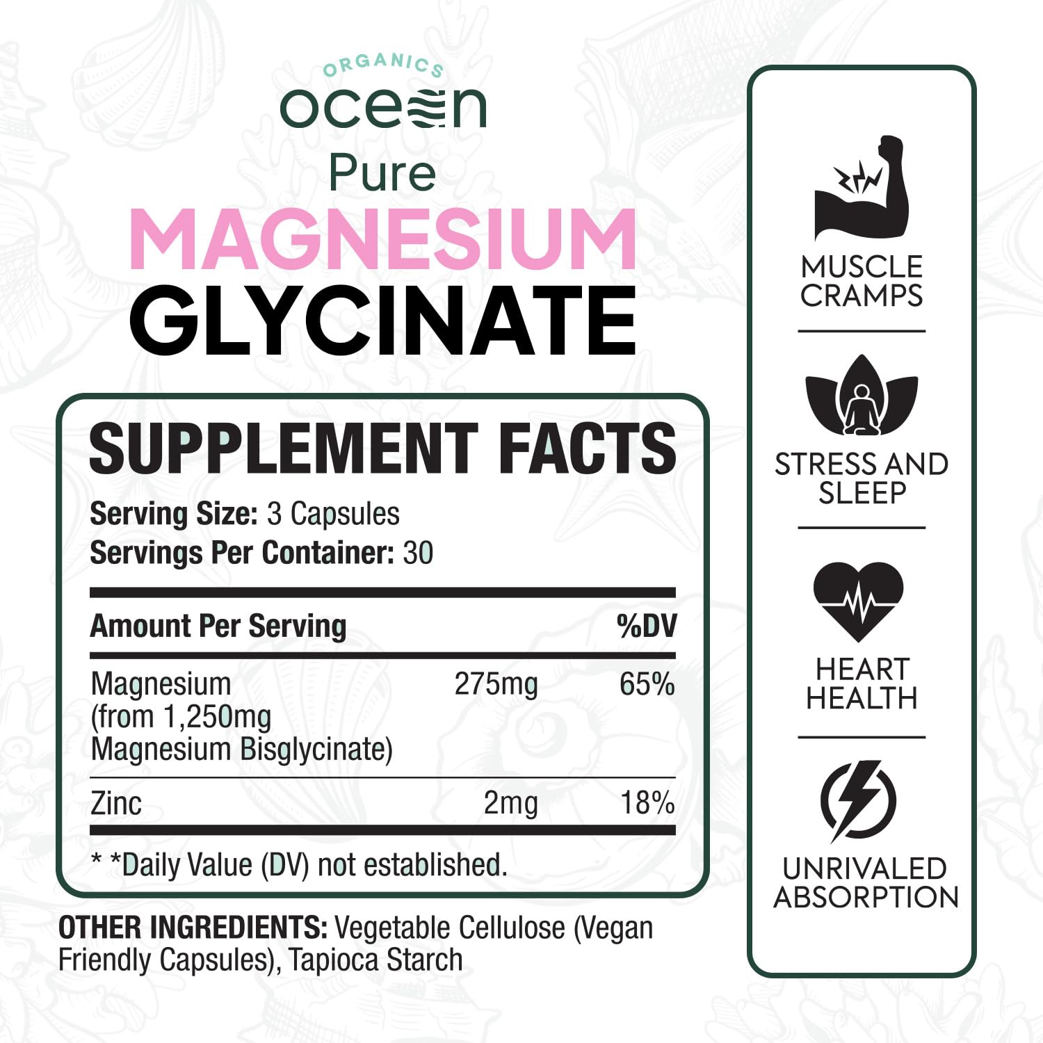 Organics Ocean Pure Magnesium Glycinate with Zinc - Maximum Strength Chelated Magnesium Supplement for Women and Men for Muscle Cramps and Sleep Support - 3 Bottles Organics Ocean buy supplements canada