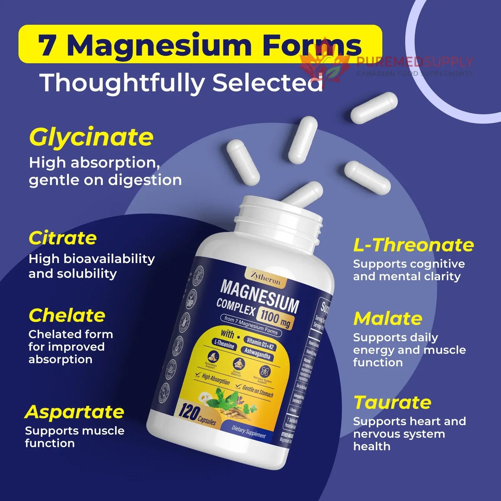Magnesium Complex for Women & Men 1100mg, 7-in-1 Magnesium Supplement with Ashwagandha & L-Theanine for Calm & Sleep Support, High Absorption, Vegan 120 Capsules Zytheron buy supplements canada