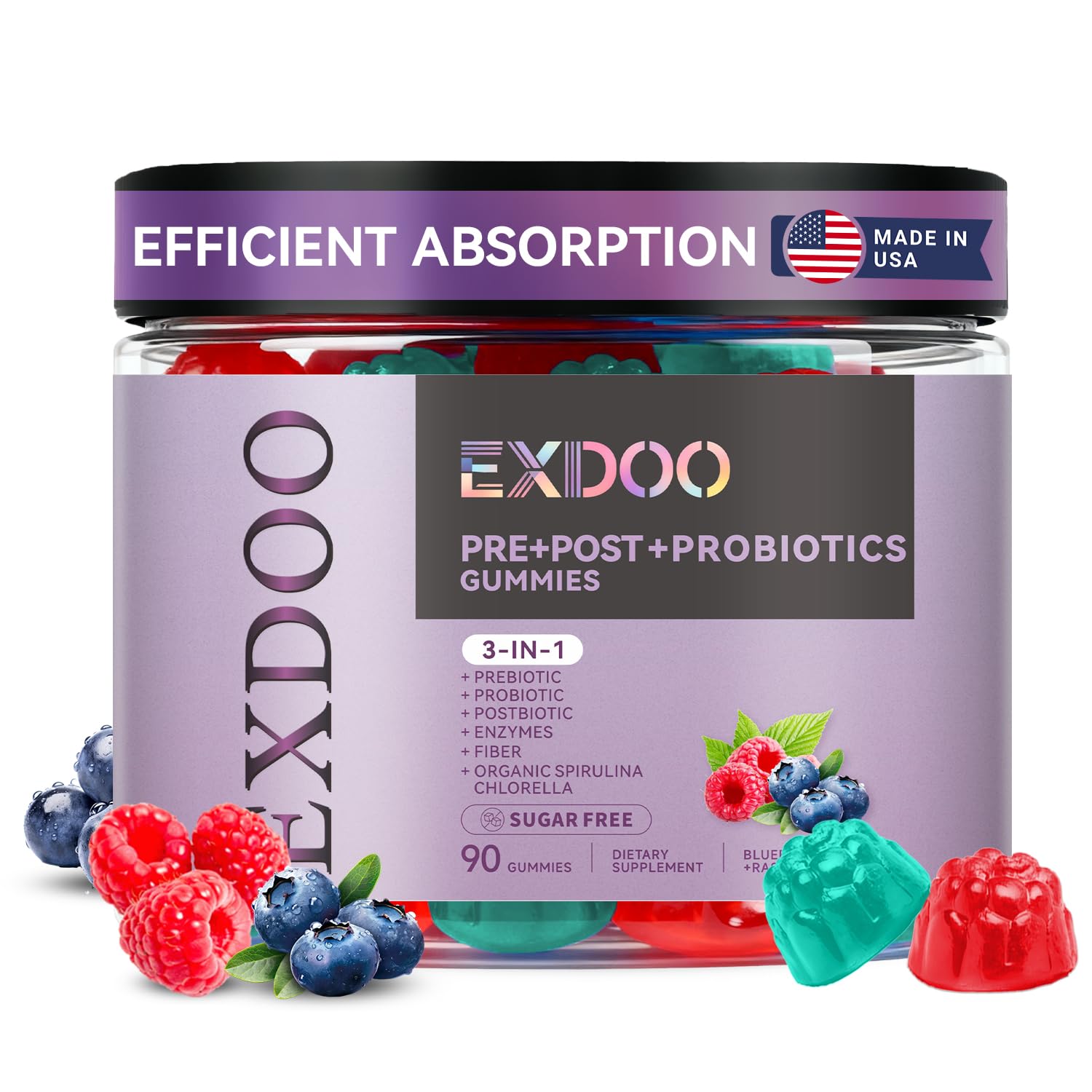 exdoo 3-in-1 Probiotic Gummies Prebiotic+Probiotic+Postbiotic with Organic Spirulina Chlorella Immune Gut & Digestive Support 90 Count exdoo buy supplements canada