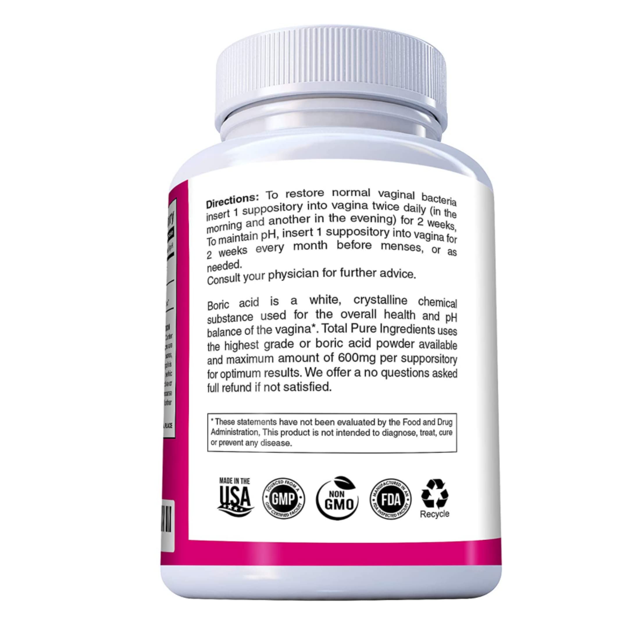 PURE PLANT HOME Boric Acid Suppositories Nature's Harmony 30 Count 600 mg 100% Pure Made in USA N'more buy supplements canada