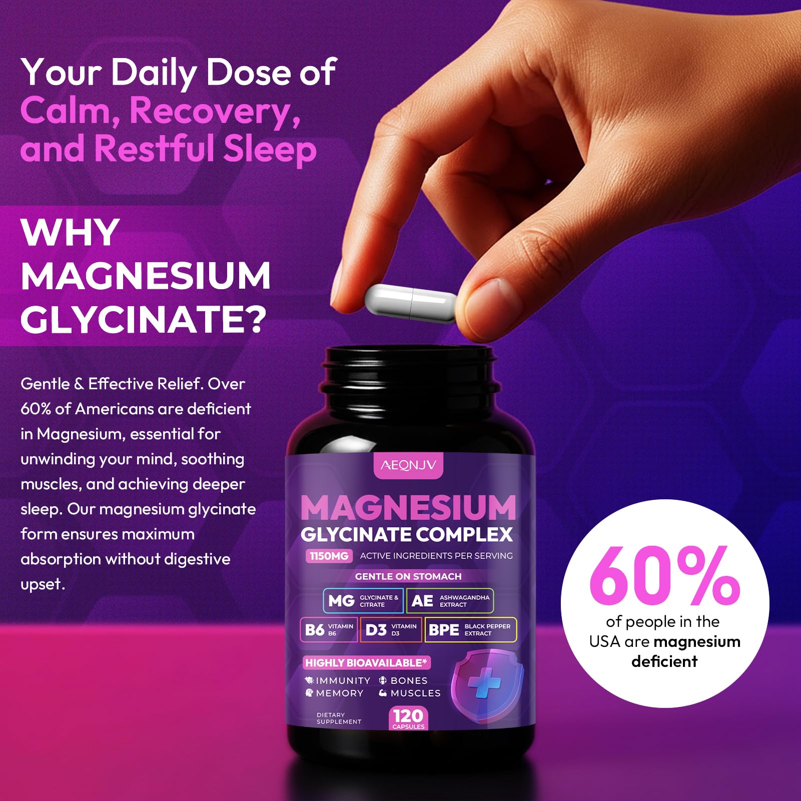 Magnesium Glycinate Complex 1150mg - Gentle on Stomach High Absorption Magnesium Capsules with Citrate, Silica, Ashwagandha & Vitamin B6 for Zzz, Stress Relief, Muscle Support for Adults, Women & Men AEQNJV buy supplements canada