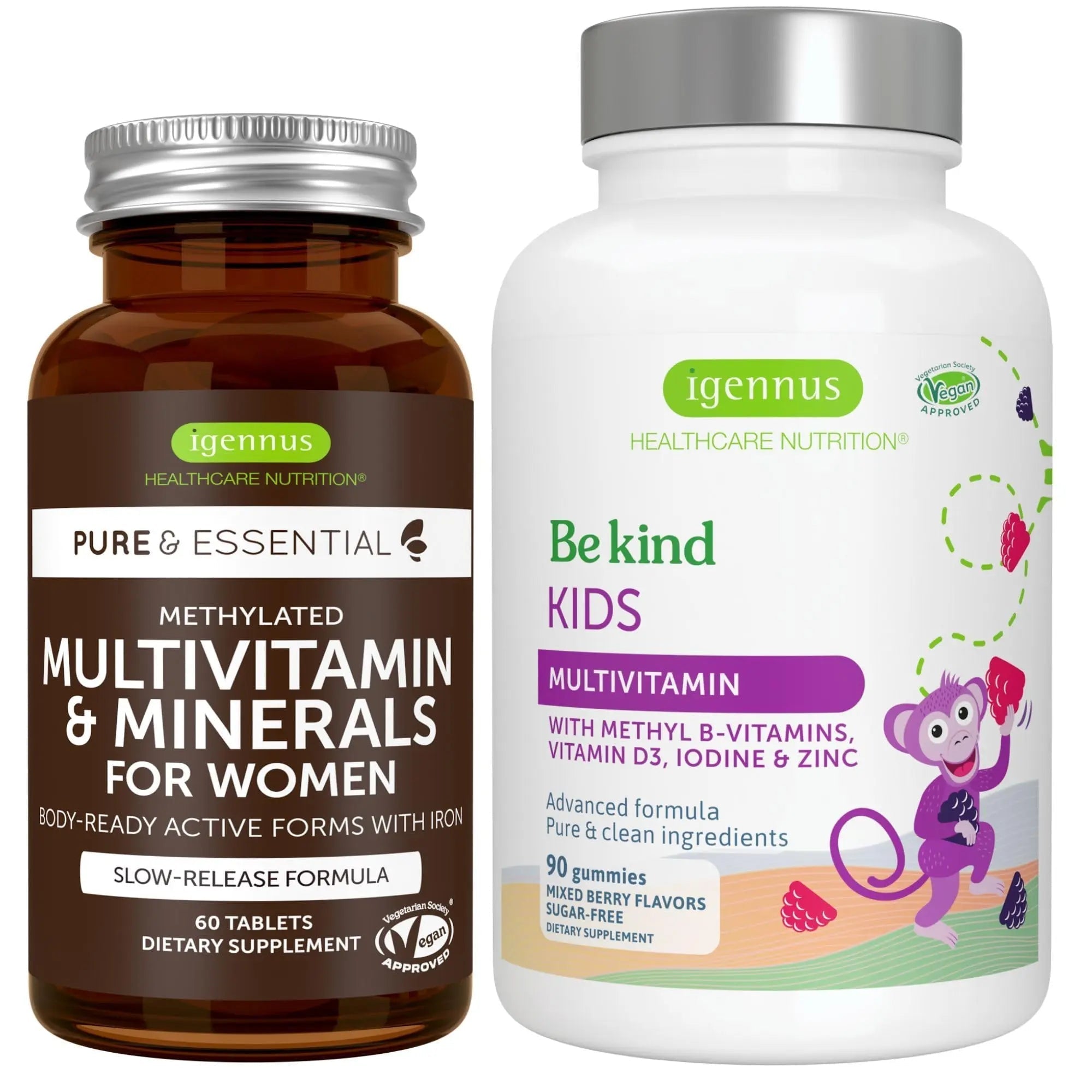 Multivitamin & Minerals for Women + Advanced Kids Multivitamin Gummy Vegan Bundle, with Methylated B-Vitamins, Vitamin A, C, D3 & E Igennus Healthcare Nutrition buy supplements canada