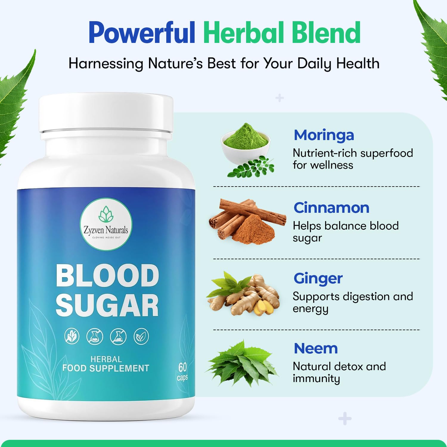 Zyzven Naturals Blood Sugar Support Supplement – 60 Vegan Capsules | Herbal Supplement with Moringa, Cinnamon, Ginger, Neem & Fenugreek | Plant-Based Wellness Supplement - Serving: 2 Capsules/Day Zyzven Naturals buy supplements canada