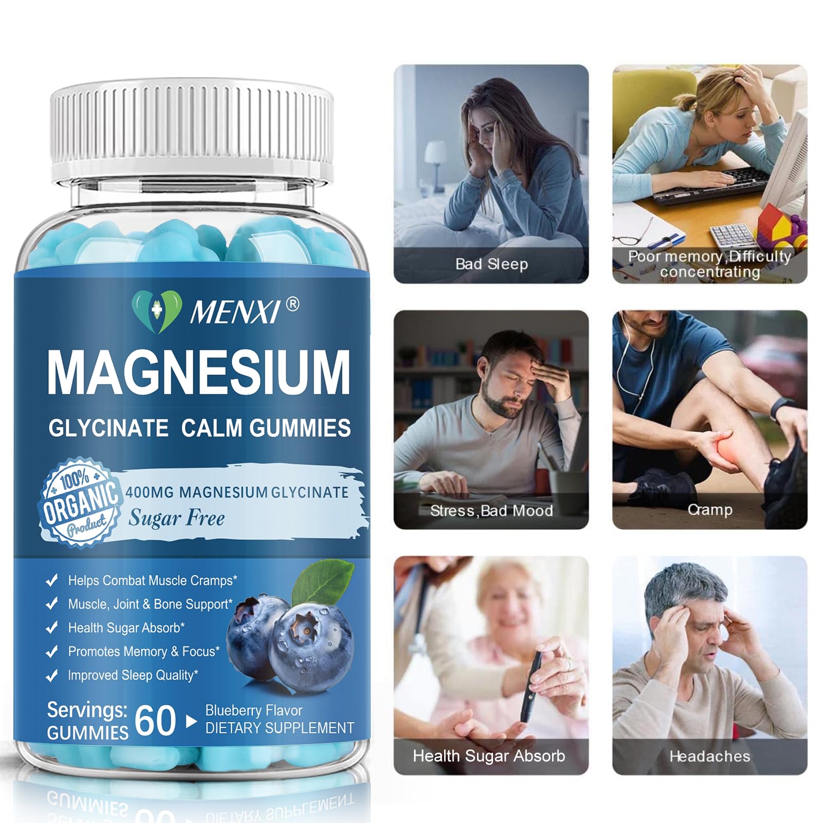 Magnesium Gummies 600mg per Serving-Magnesium Glycinate 400mg and Magnesium Malate 200mg,Sugar Free Magnesium Potassium Supplement for Calm Mood, Muscle, Bone & Sleep Support,60 Blueberry Gummies MENXI buy supplements canada