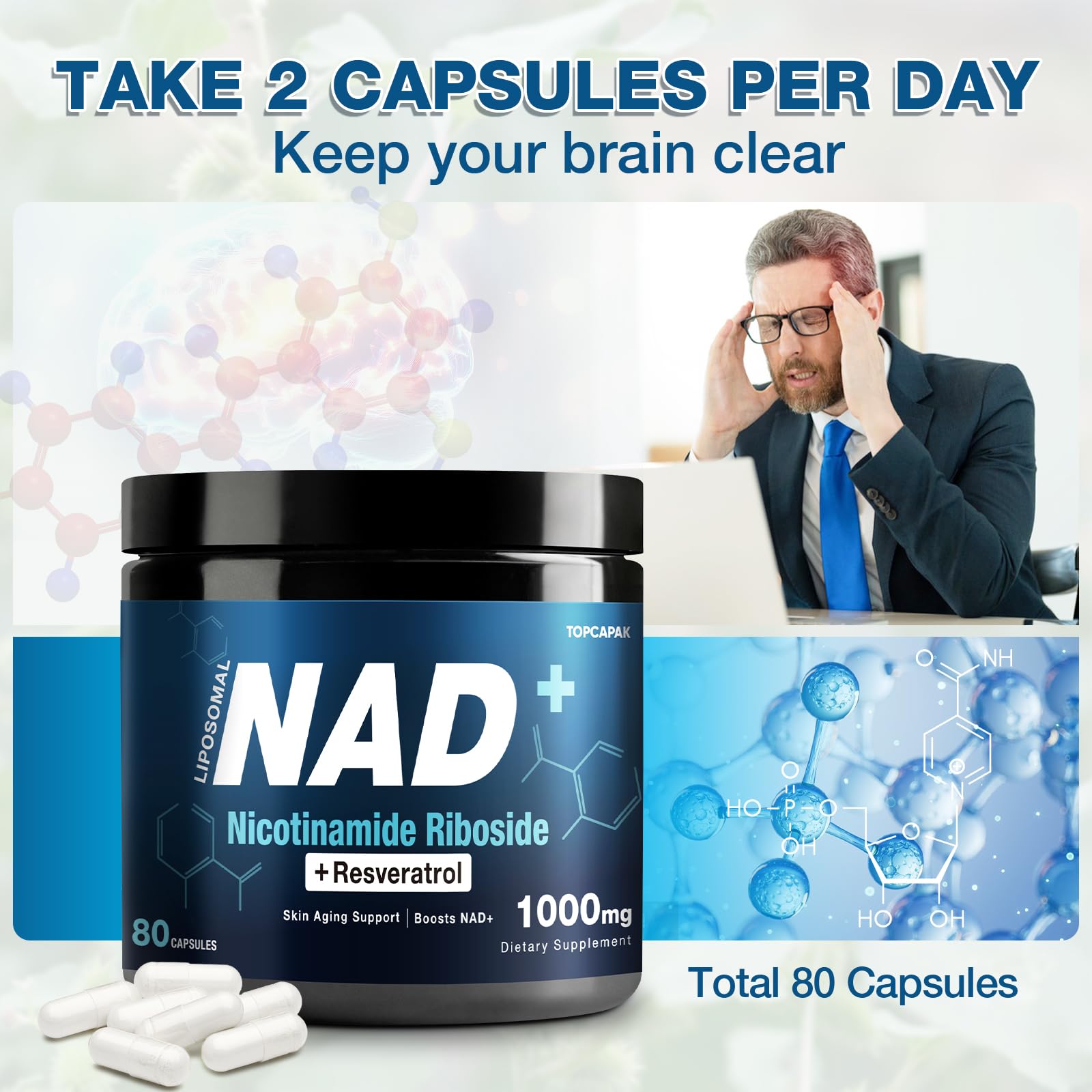 NAD+ Supplement 1000mg - Nicotinamide Riboside (NR) and Resveratrol, Liposomal NAD of Pure Organic Ingredients for Women & Men Healthy Aging, Brain and Cellular Energy, 80 Capsules TOPCAPAK buy supplements canada