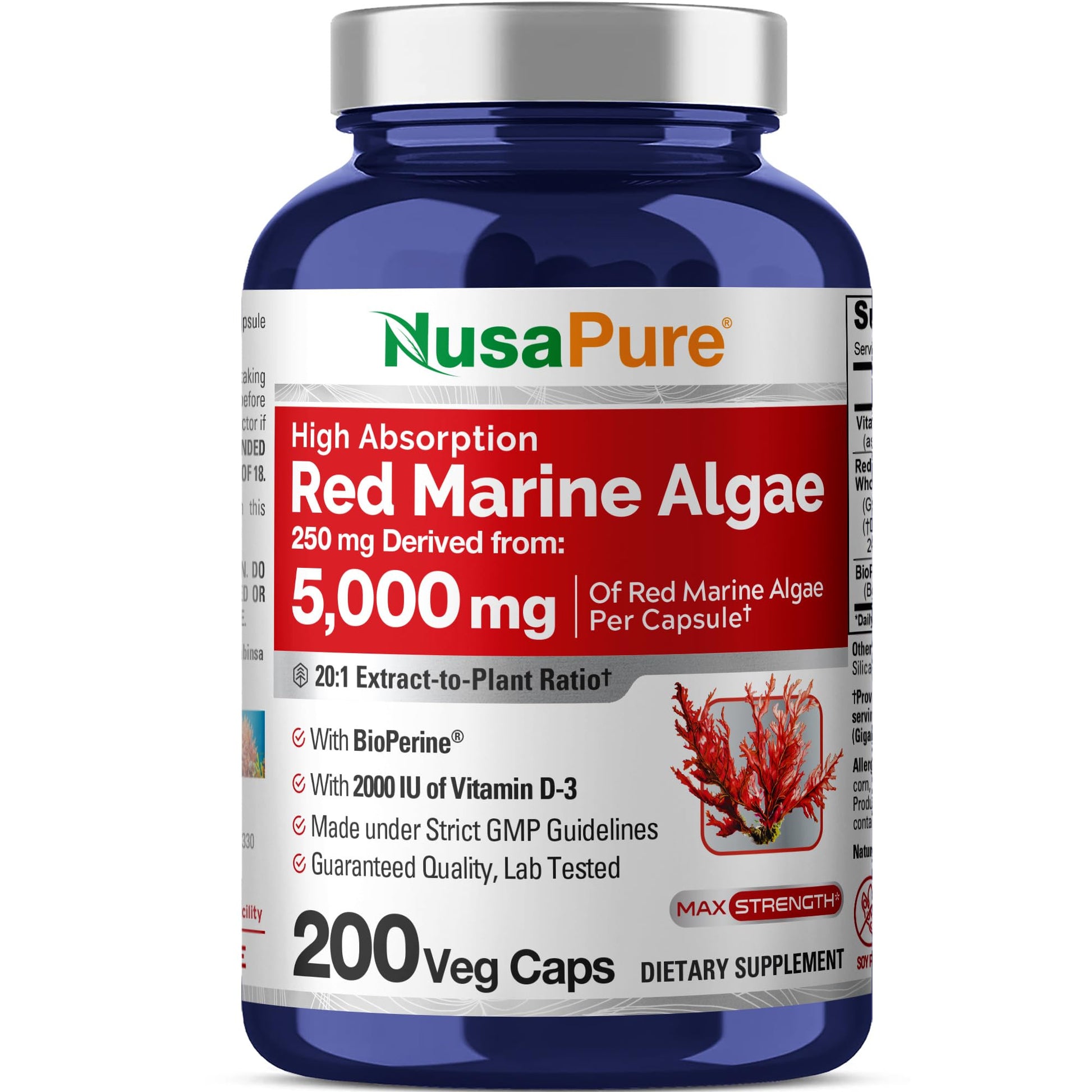 NusaPure Red Marine Algae 20:1 Extract, 250 mg Equivalent to 5,000 mg 200 Veggie Capsules (Non-GMO & Soy Free) Bioperine NusaPure buy supplements canada
