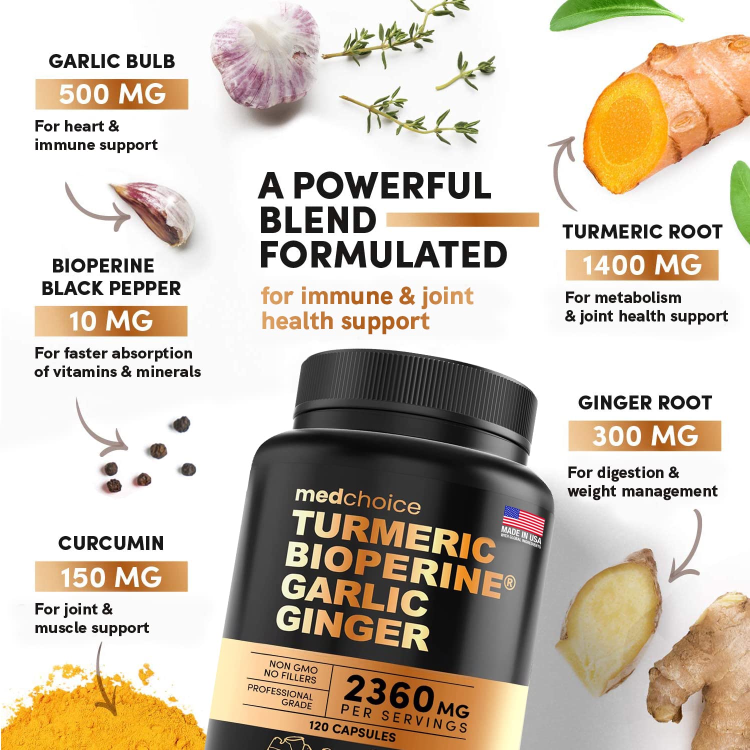 4-in-1 Turmeric and Garlic Supplements with Bioperine 2360 mg (360 ct) Turmeric Ginger MEDCHOICE buy supplements canada