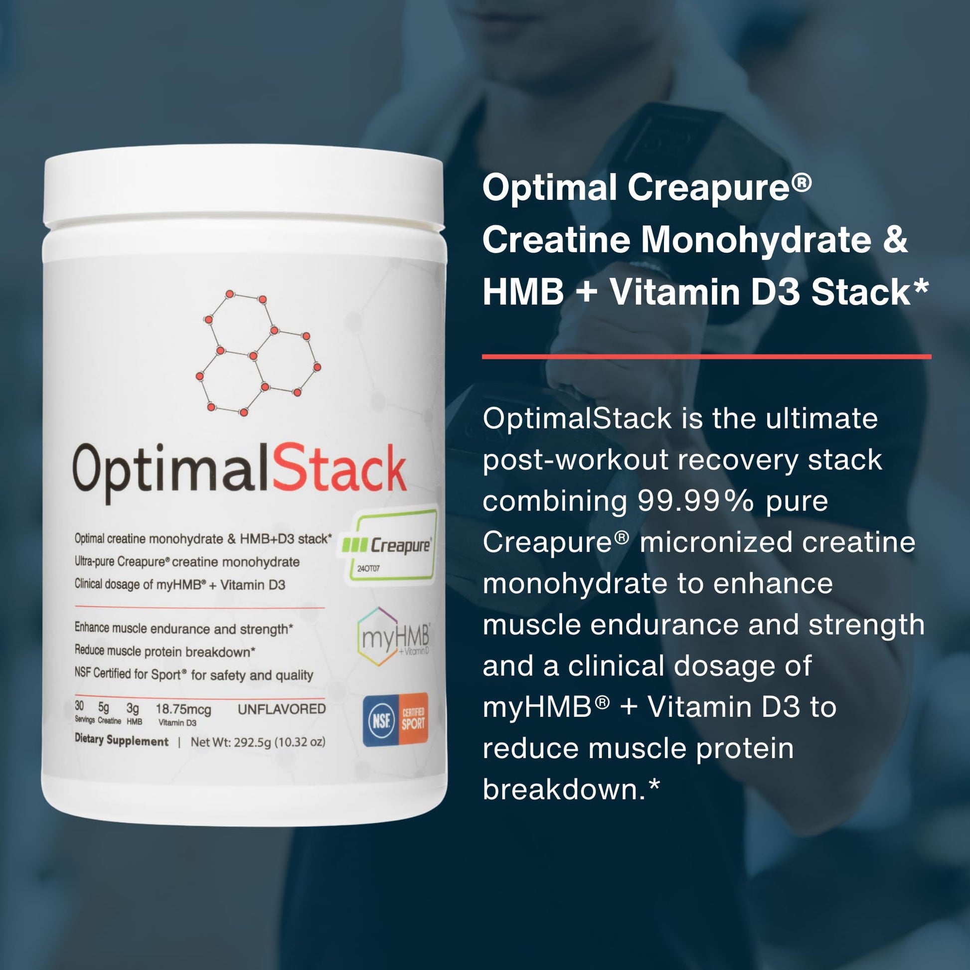 OptimalStack Creatine Monohydrate, HMB, & Vitamin D3 Stack | with Creapure Creatine, Clinical Dosage of myHMB, and Vitamin D3 | NSF for Sport Certified | Unflavored, 30 Servings OptimalAmino buy supplements canada
