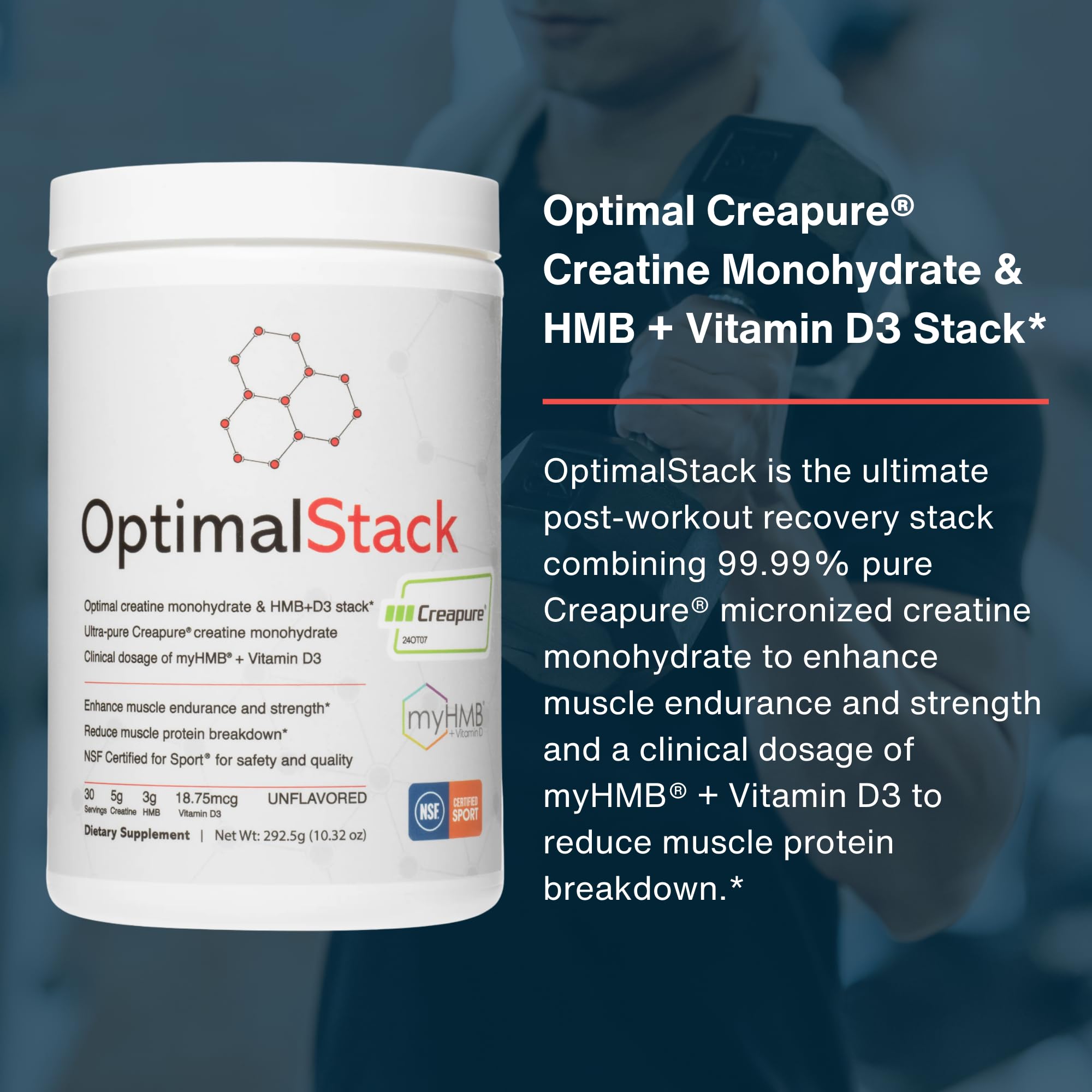 OptimalStack Creatine Monohydrate, HMB, & Vitamin D3 Stack | with Creapure Creatine, Clinical Dosage of myHMB, and Vitamin D3 | NSF for Sport Certified | Unflavored, 30 Servings OptimalAmino buy supplements canada
