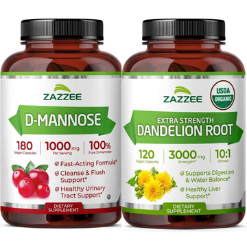 Zazzee Urinary Tract Cleanse & Detox Bundle | USDA Organic Dandelion Root Extract Capsules Plus D-Mannose 1000mg Capsules for UT & Bladder Cleansing Zazzee buy supplements canada