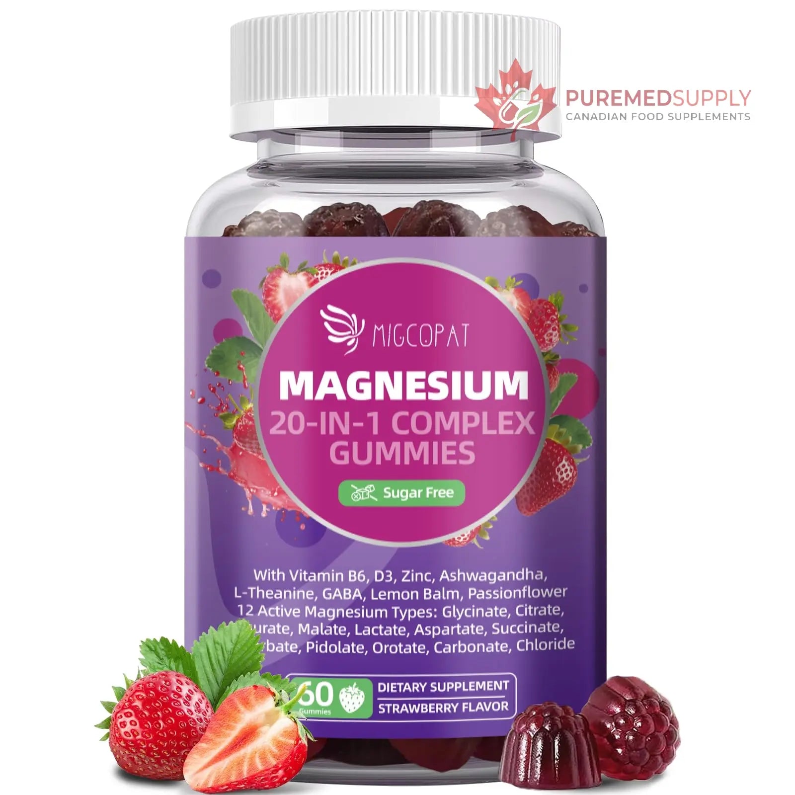 Migcopat Magnesium Complex Gummies, 20 in 1 Magnesium Gummy with Glycinate Citrate Malate Taurate - Ashwagandha, L-Theanine, D3&Zinc for Relaxation, Sleep, Muscle&Heart Support, Strawberry, 60 Cts Migcopat buy supplements canada