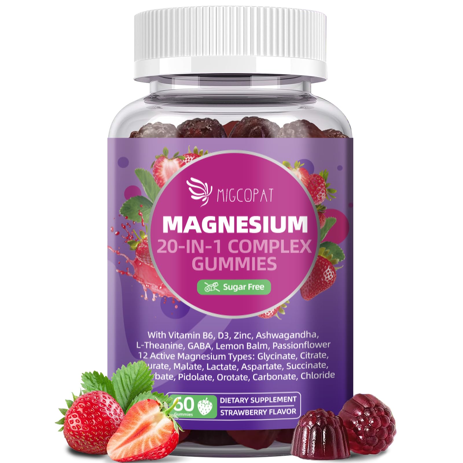 Migcopat Magnesium Complex Gummies, 20 in 1 Magnesium Gummy with Glycinate Citrate Malate Taurate - Ashwagandha, L-Theanine, D3&Zinc for Relaxation, Migcopat buy supplements canada