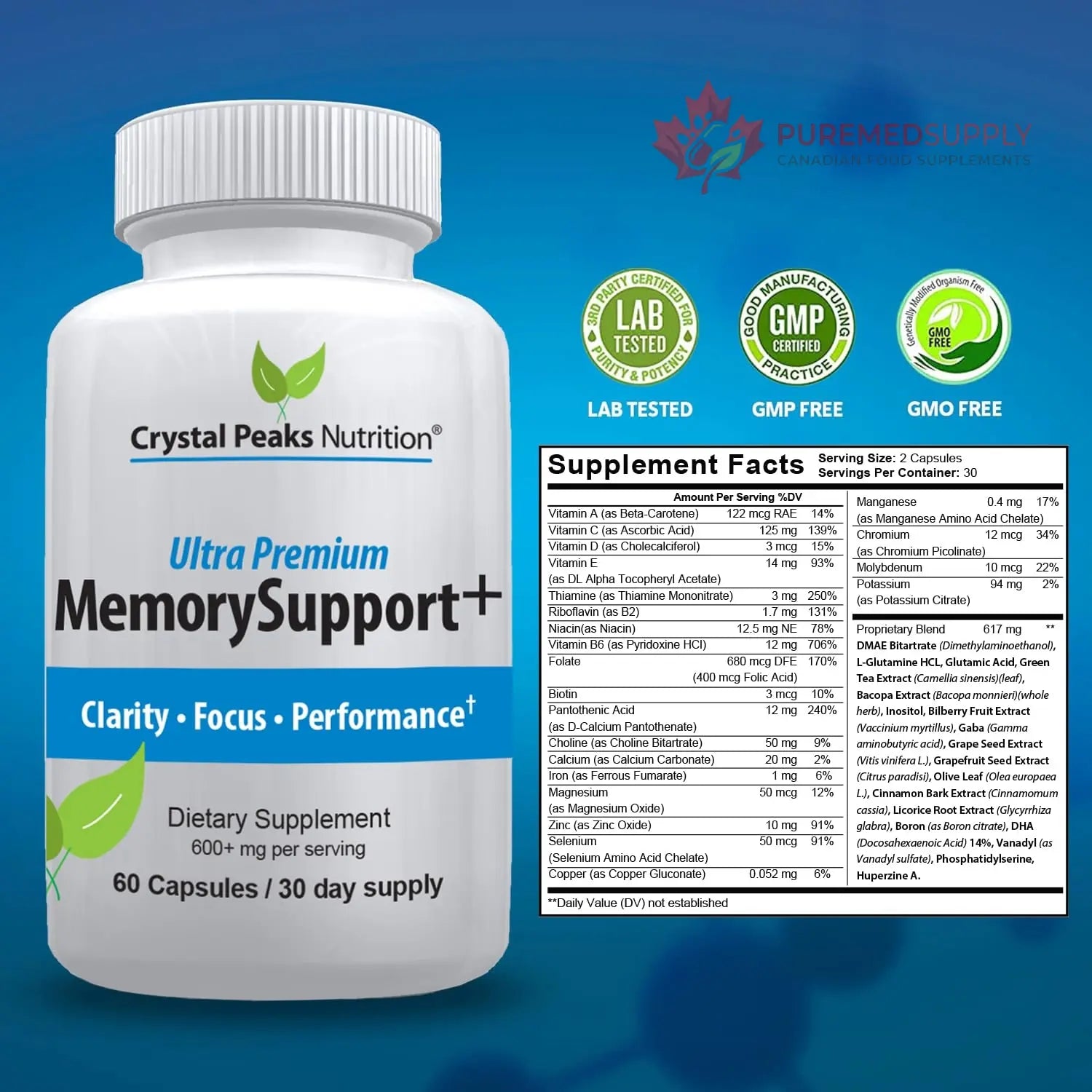 Memory Boost + Brain Support Supplement – Nootropic for Focus, Concentration, Memory. Enhanced Energy, Recall and Alertness - 60 Capsules/30-day Supply. CRYSTAL PEAKS NUTRITION buy supplements canada