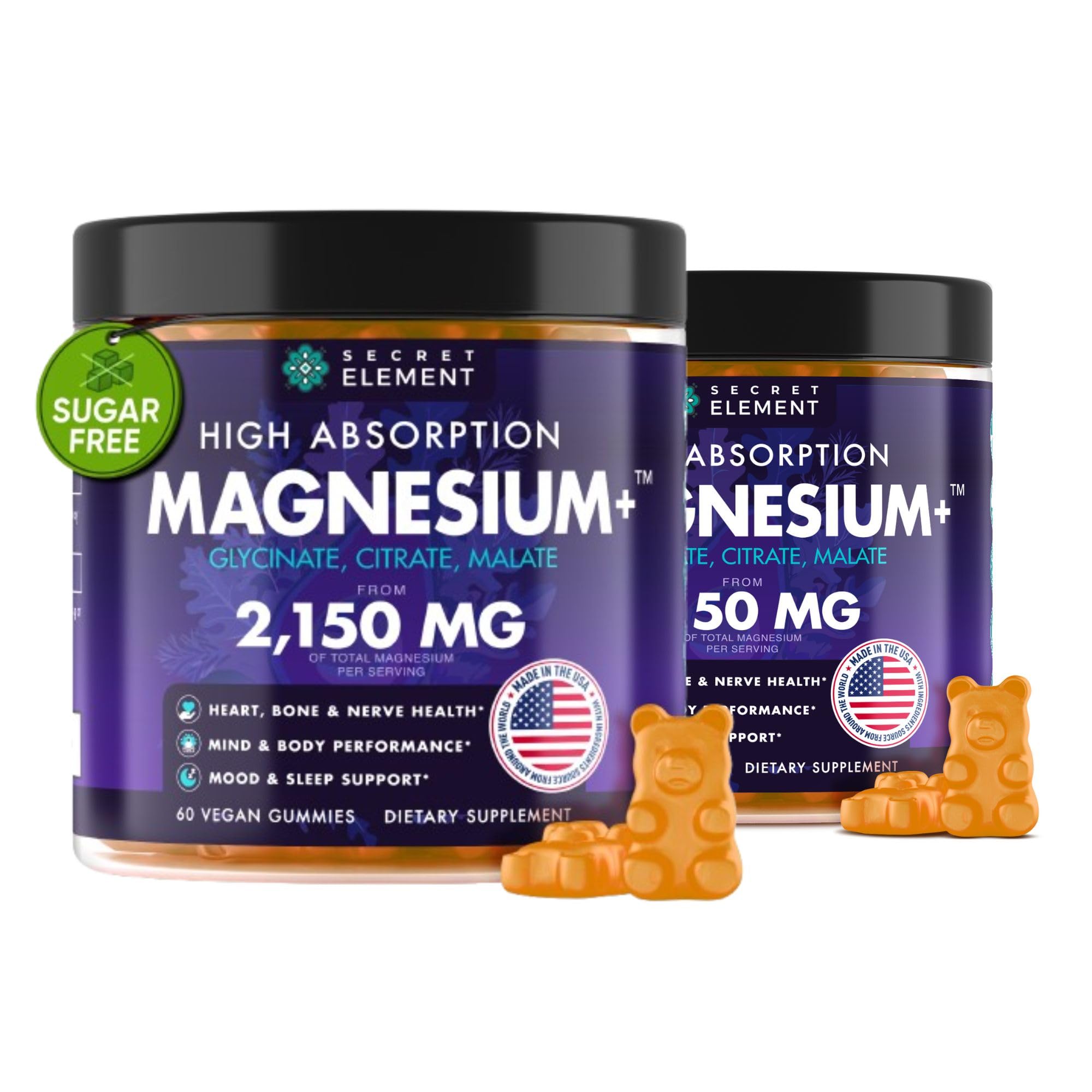 Magnesium Glycinate 2150MG Gummies for Women and Men, High Absorption Magnesium Glycinate, Citrate, Malate, Sugar Free, Vegan, 60 Chews, Pack of 2, Orange Secret Element buy supplements canada