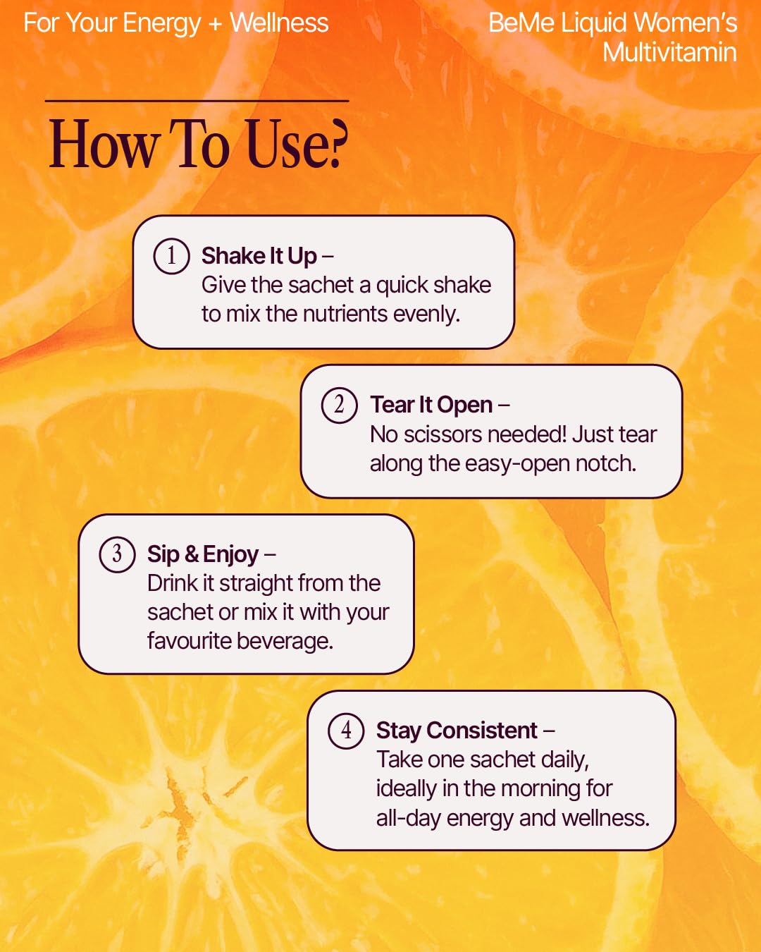 BeMe Liquid Multivitamins for Women - Advanced Liquid Delivery System with 13 Vitamins & Minerals - Tear & Go Sachets, Non-GMO, Orange Flavor (15 Sachets) BeMe buy supplements canada