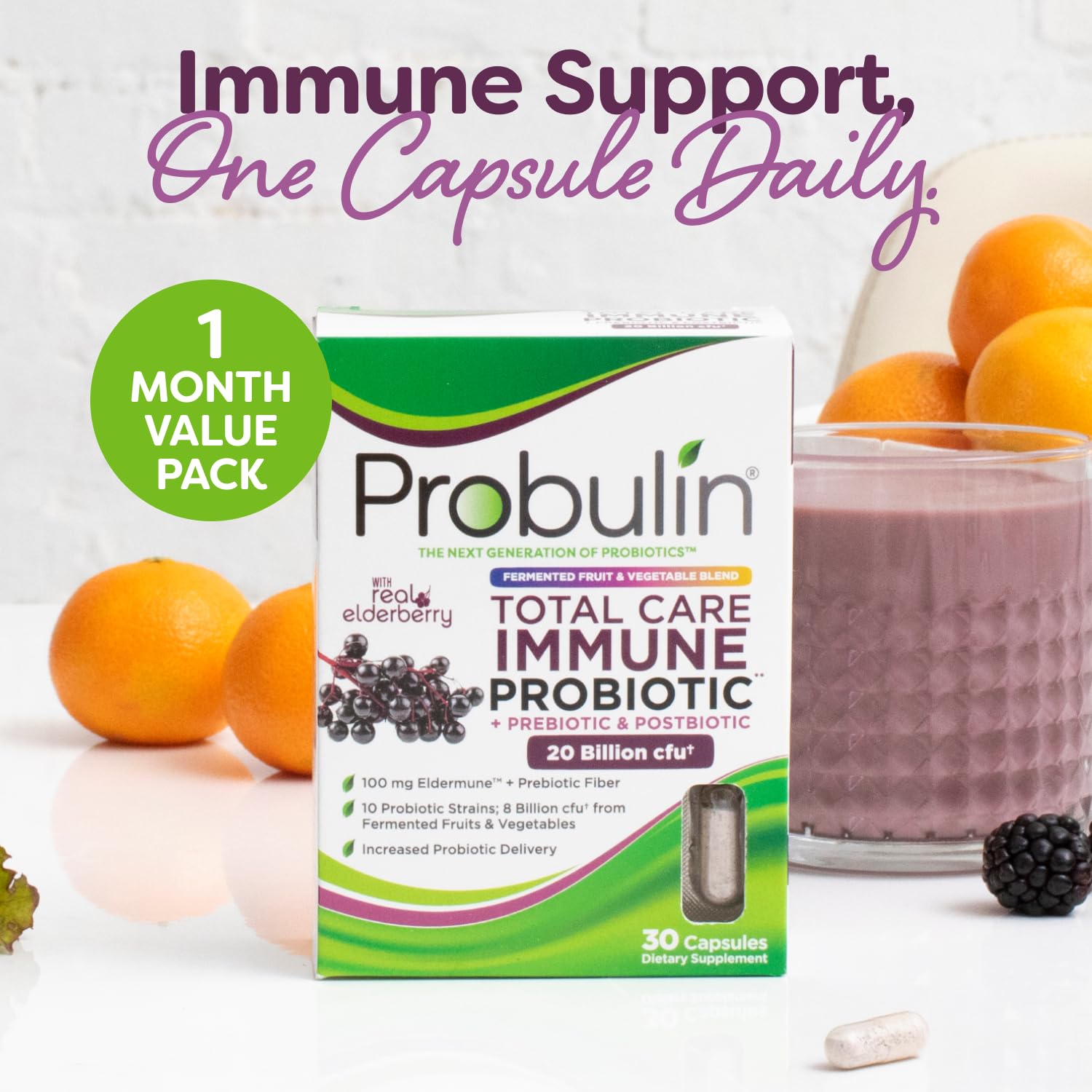 Probulin Total Care Immune = Prebiotics + Probiotics + Postbiotics + Elderberry to Support Immune & Gut Health - 20 Billion CFU - 10 Probiotic Strains, 30 Vegan Capsules Probulin buy supplements canada