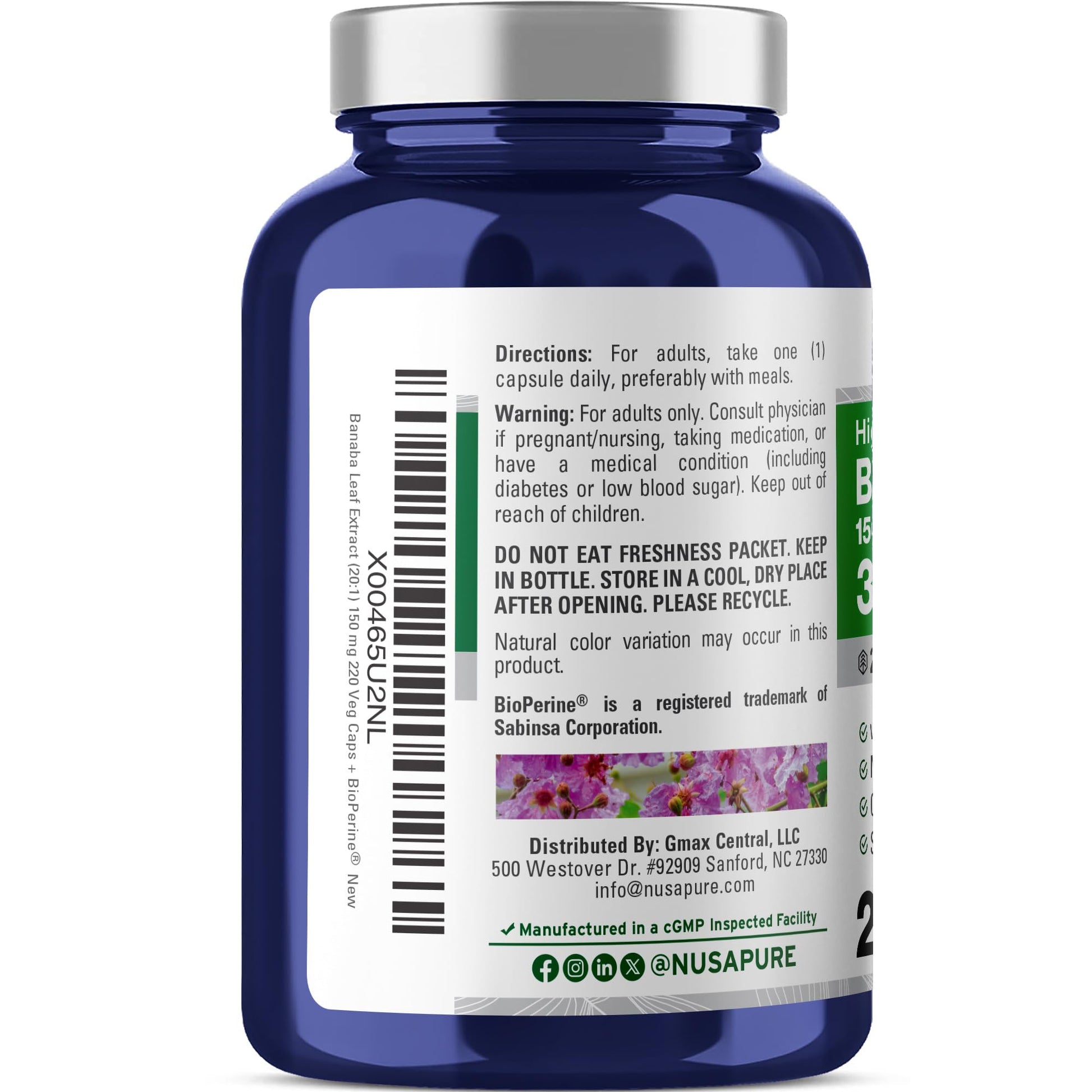NusaPure Banaba Leaf 20:1 Extract, 150 mg Equivalent to 3,000mg Veg Caps, 220 Days Supply (Non-GMO & Vegan) 2% Corosolic Acid NusaPure buy supplements canada