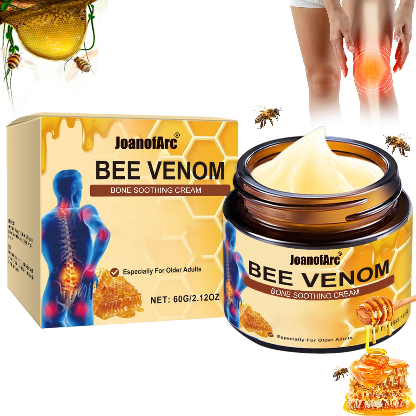 Bee Venom Joint Cream, Natural Bee Venom Skin Cream, Bee Venom Advanced Joint & Bone Cream, Suitable for Everyday Back, Waist, Neck, Hands, Knees, Light Non-Sticky for Men Women Aldult - 2.11 Oz/60g JoanofArc buy supplements canada