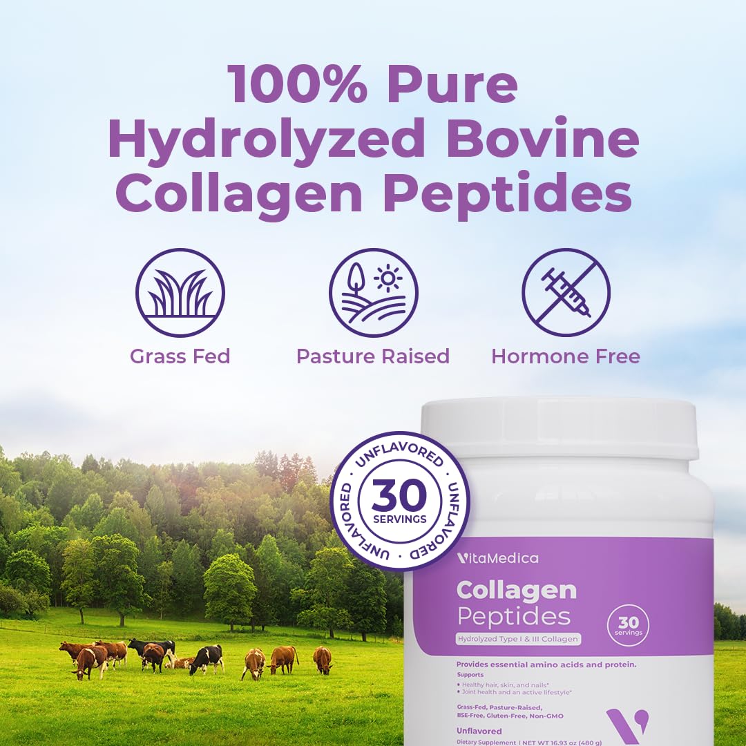 VitaMedica Collagen Peptides Powder for Women & Men - Healthy Hair, Skin, Nails, Bones and Joints - Hydrolyzed Types I & III, Grass-Fed, Pasture-Raised Protein, Zero Sugar - 30 Servings VitaMedica buy supplements canada