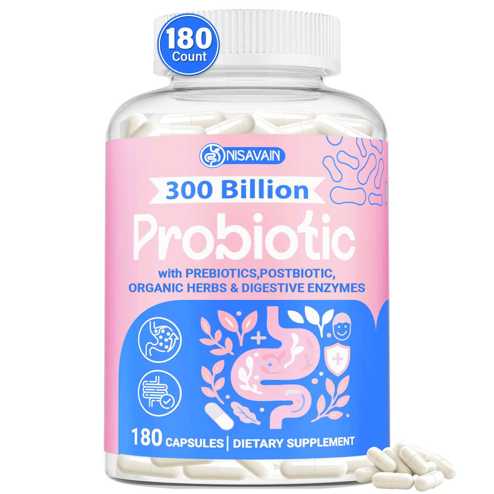 (180 Capsules) Probiotics for Women & Men, 5-in-1 Probiotic, Prebiotic, Postbiotic, Organic Herbs & 16 Digestive Enzymes Blend, 300 Billion CFU, Complete Gut Health, Digestive Health & Immune* Nisavain buy supplements canada