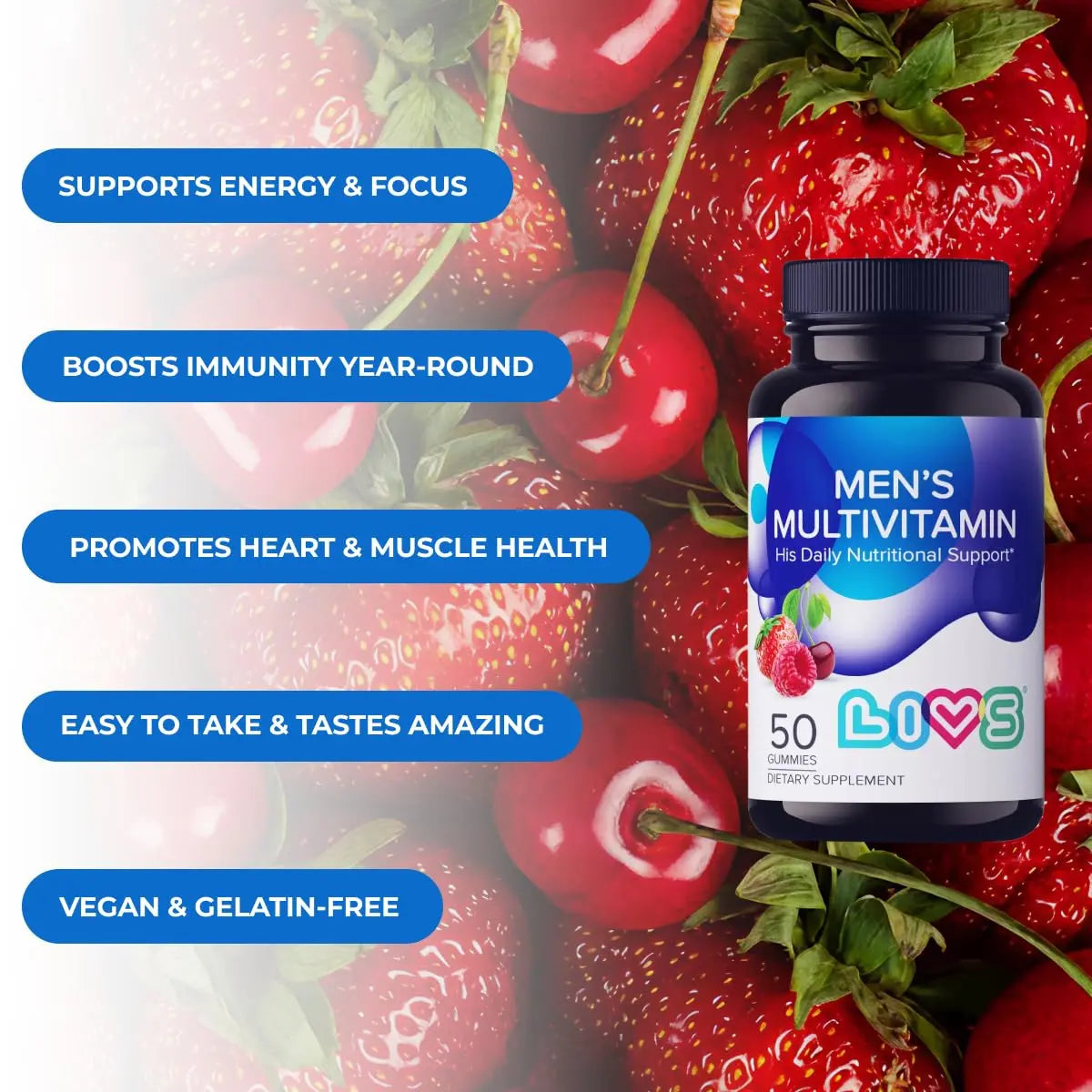 LIVS Men’s Multivitamins Gummies | Chewable Multivitamins for Men Health, Iron & Immune Support | Daily Vitamins with Zinc, Vitamin D3, B12, Biotin & More | LIVS buy supplements canada